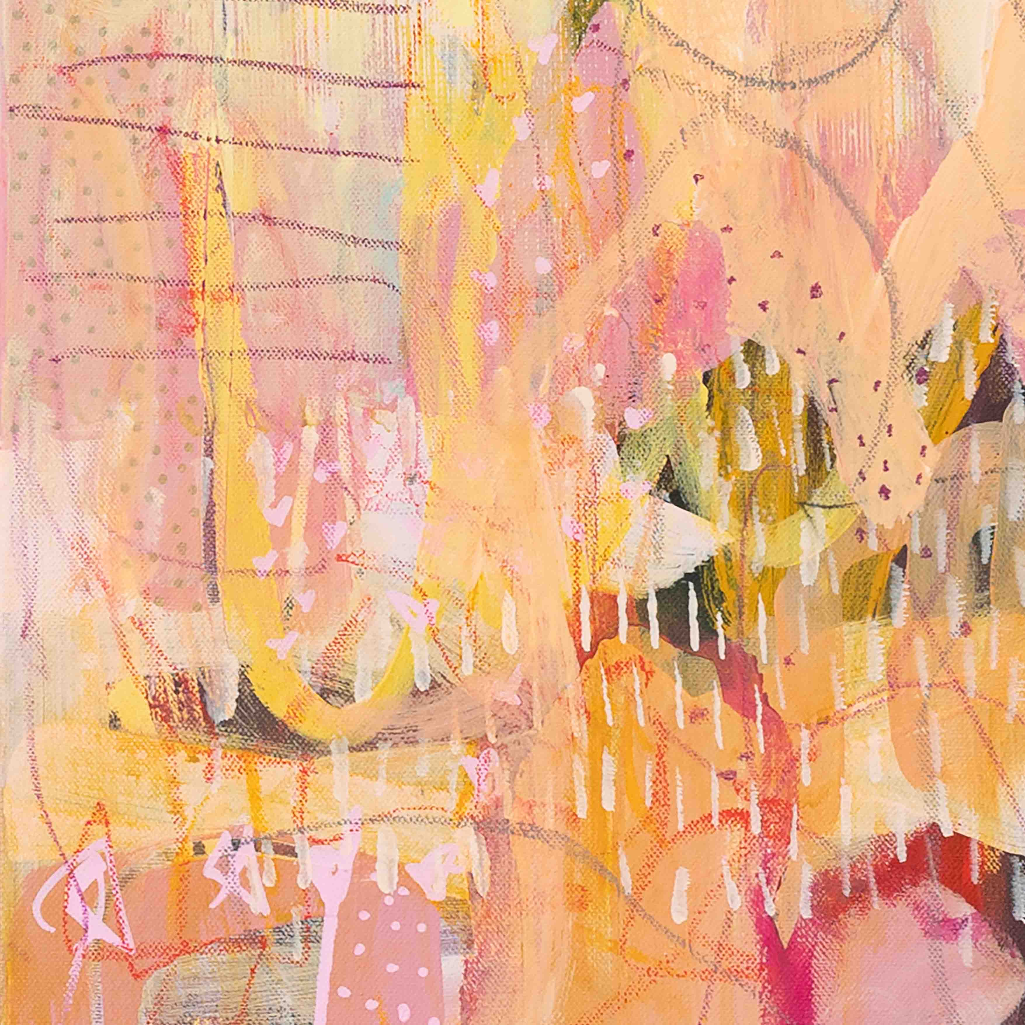 Expressive brushwork detail in pink abstract artwork