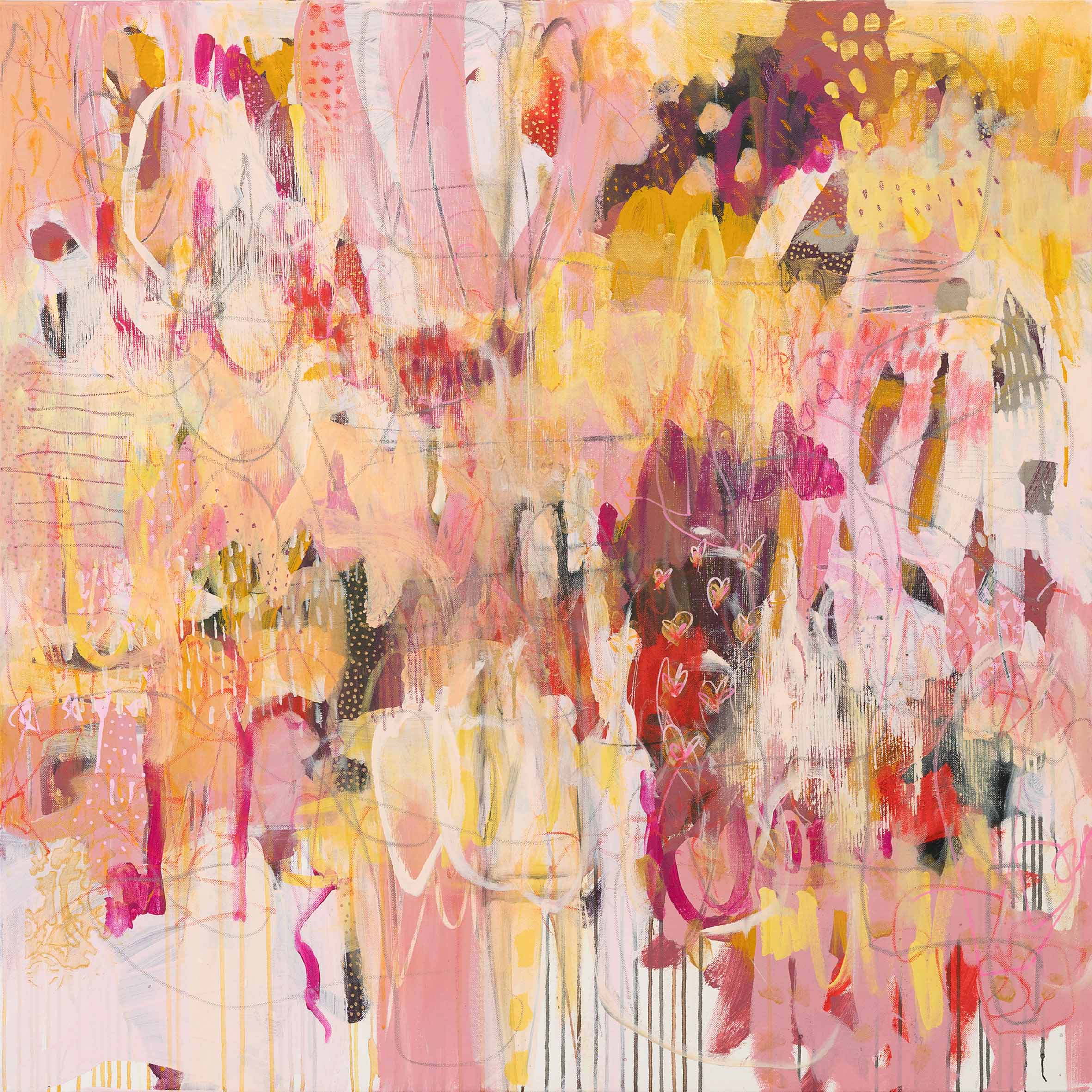Contemporary abstract painting in blush pink and yellow tones on canvas