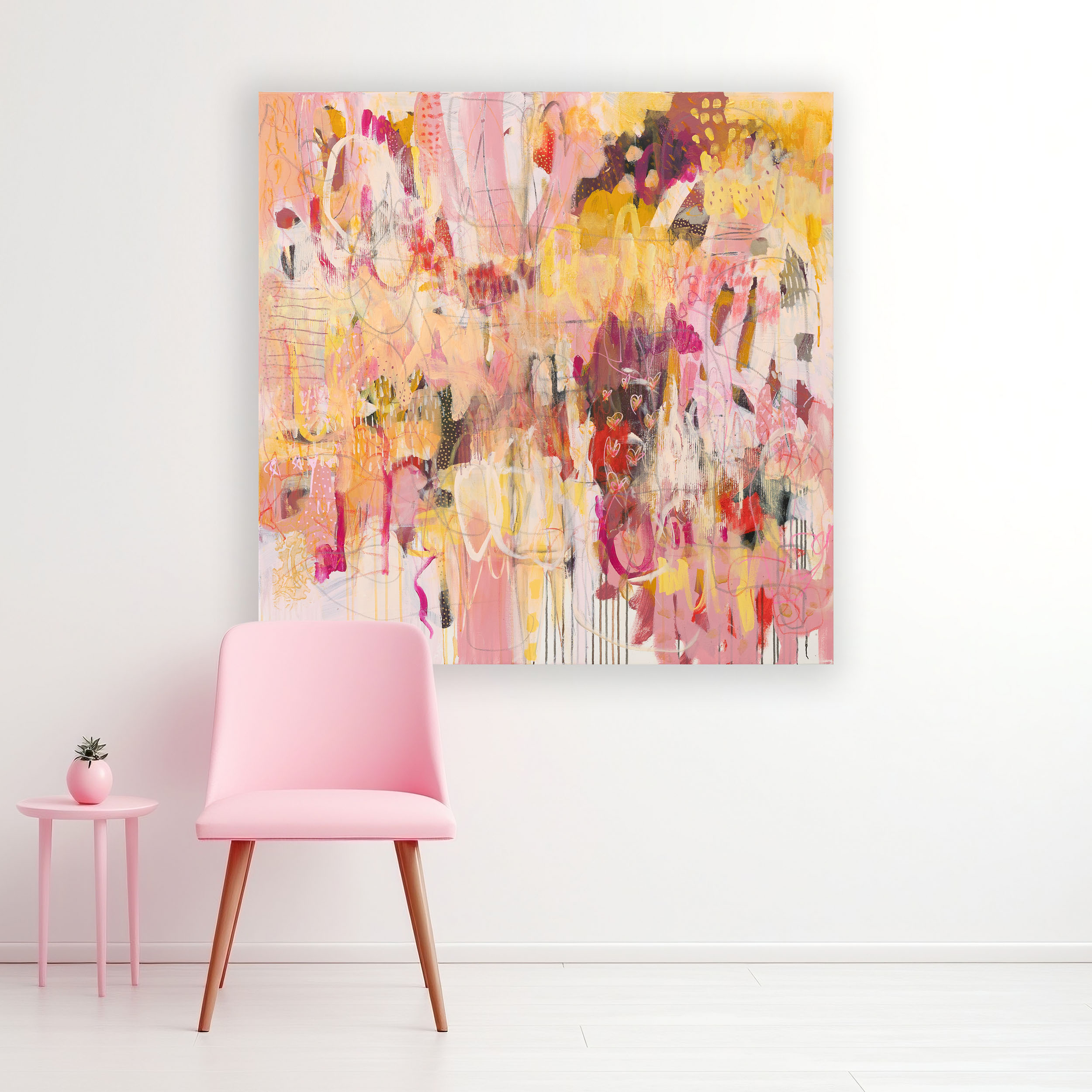 A Wink of Pink abstract painting styled in a modern interior