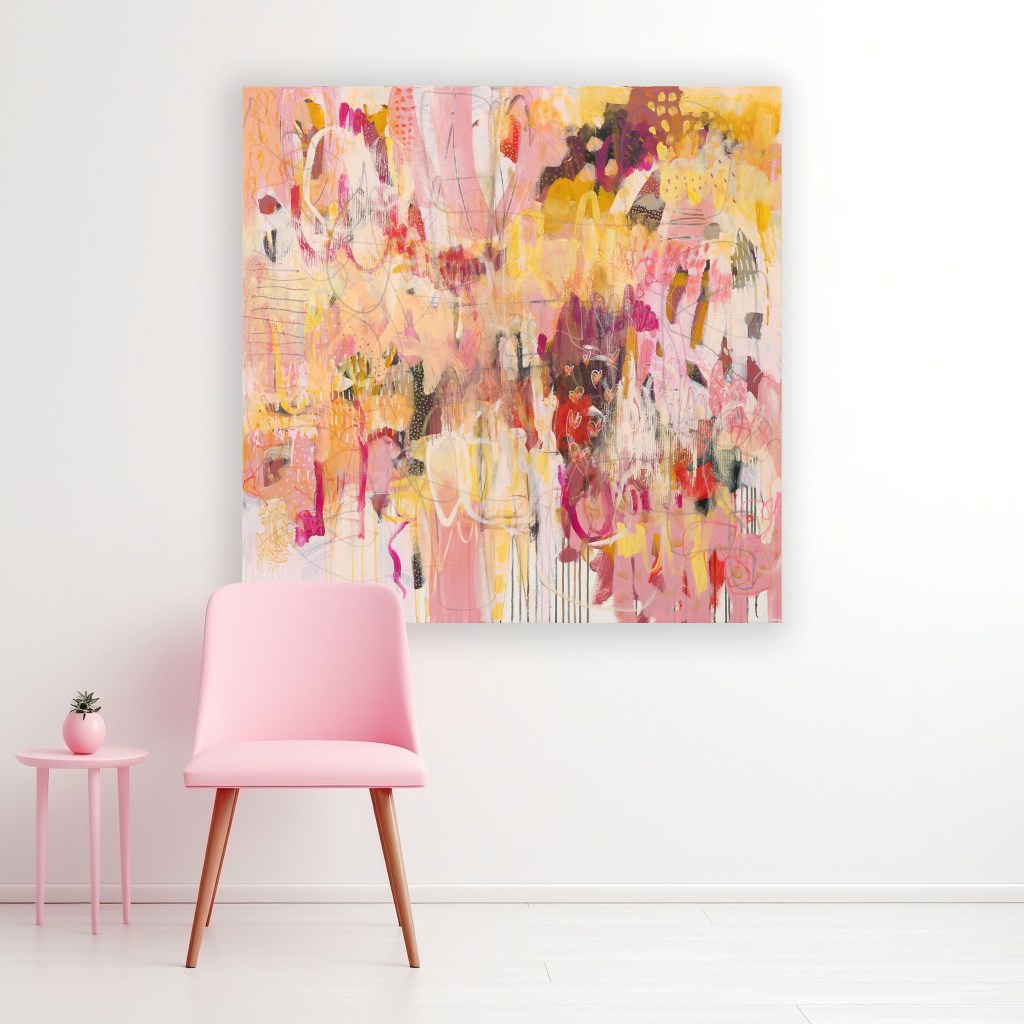A Wink of Pink abstract painting styled in a modern interior