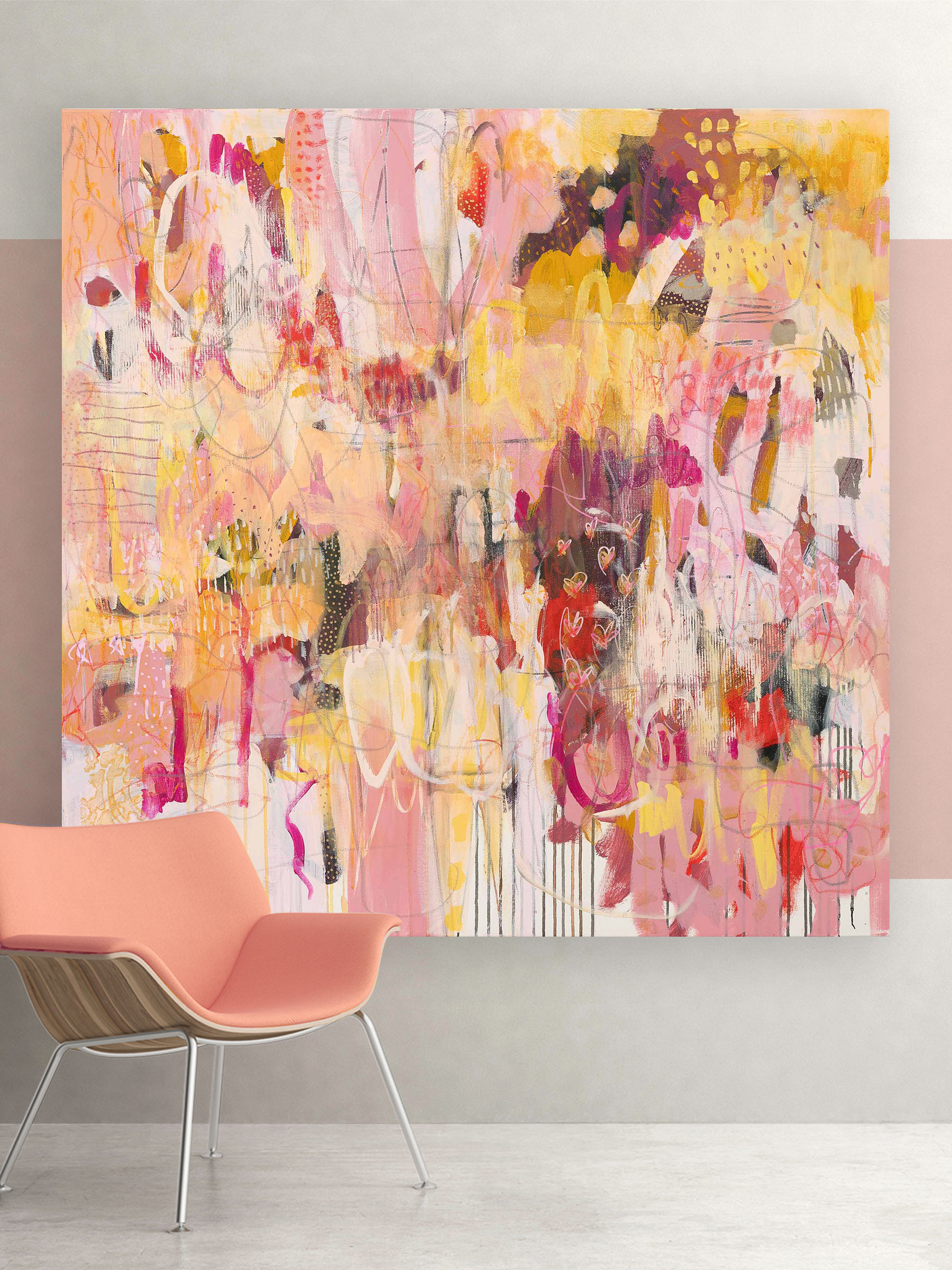 A Wink of Pink, large abstract painting by Lisa Marie Jones, featuring layered pinks, soft neutrals, and expressive intuitive mark-making