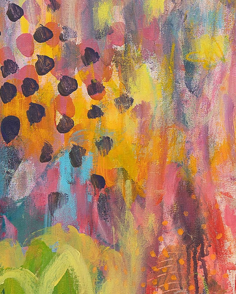 Close-up of Awakening Bloomscape highlighting pink, teal and yellow tones in an abstract floral composition