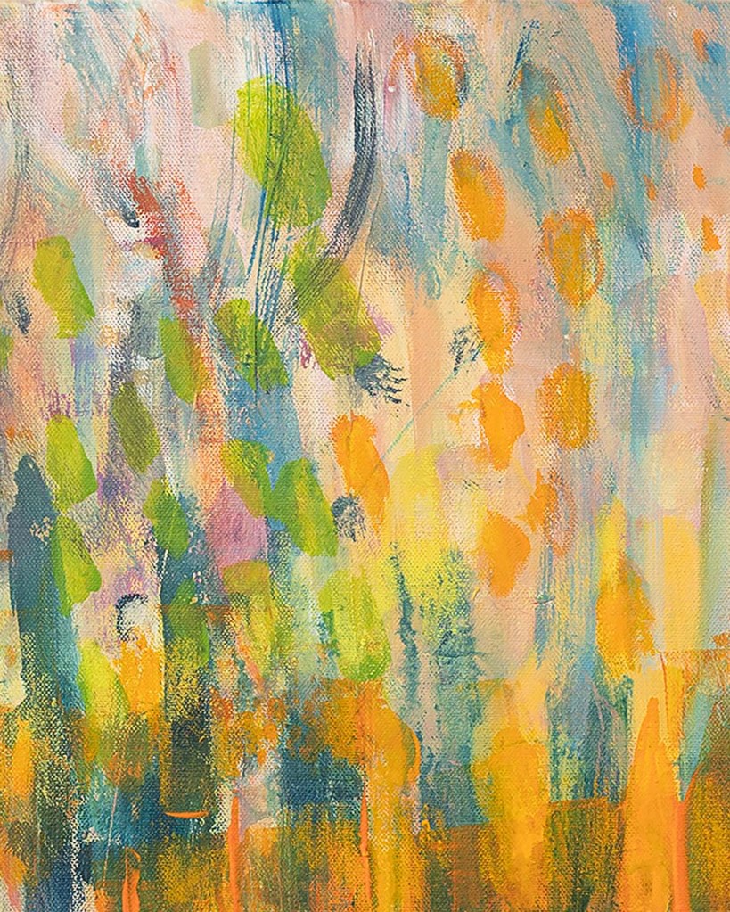 Abstract detail from Awakening Bloomscape revealing intuitive marks, movement and colour layering