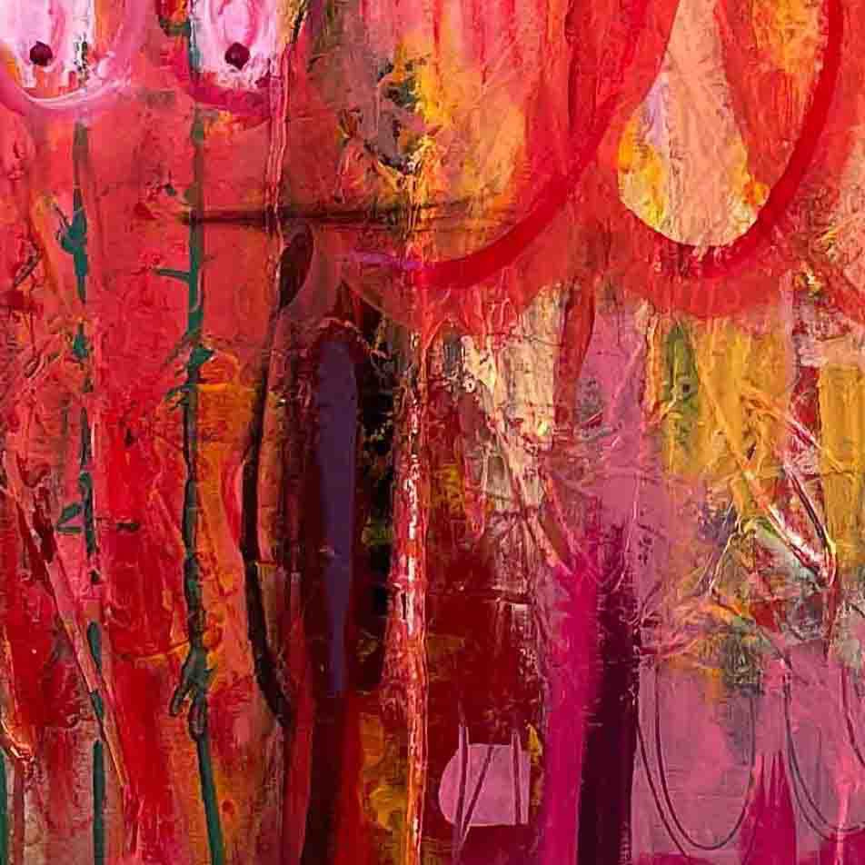 Close-up detail of Behind the Flame abstract painting by Lisa Marie Jones, highlighting layered colour, movement and surface texture