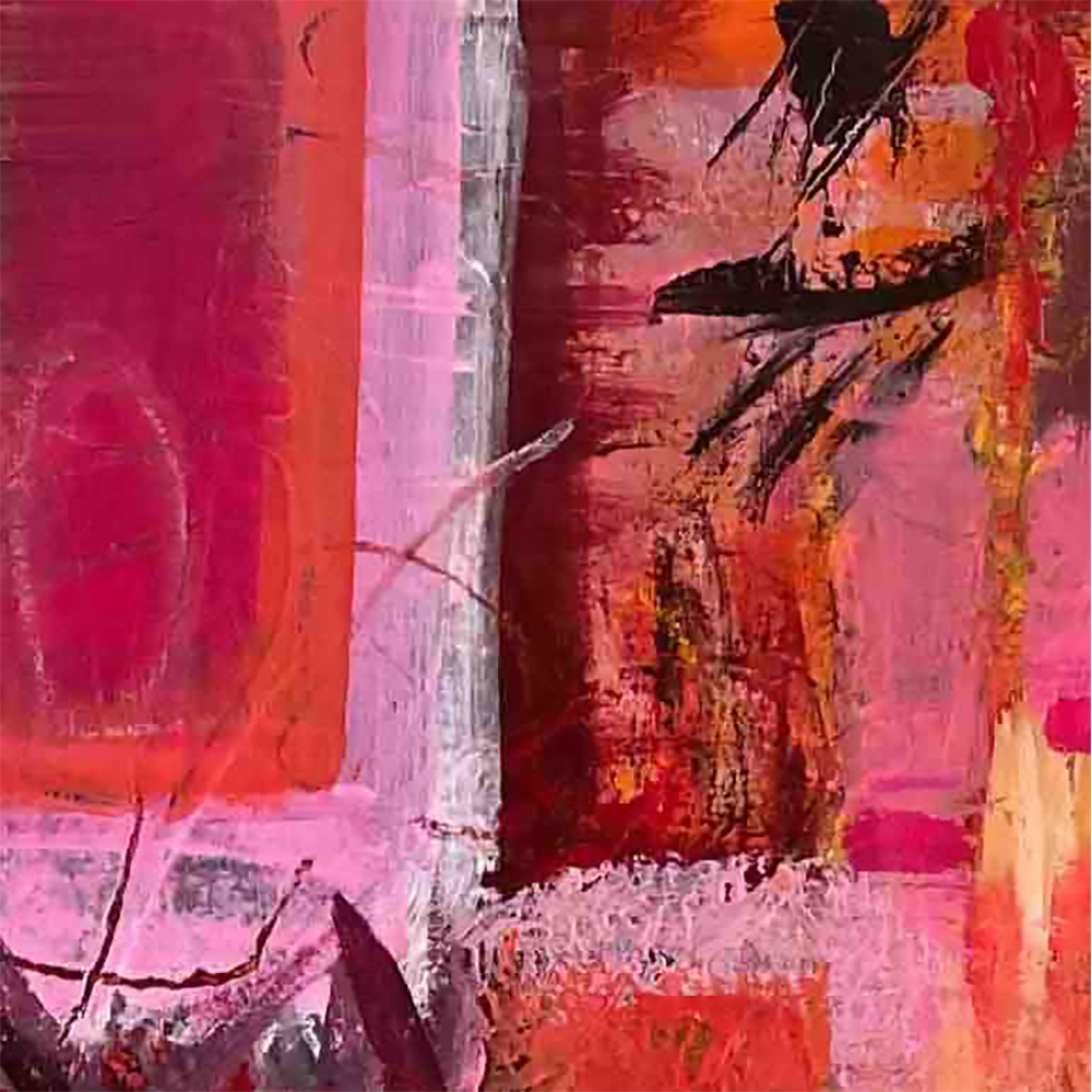 Detail of Behind the Flame by Lisa Marie Jones, showing layered acrylic textures and expressive gestural marks in warm red tones