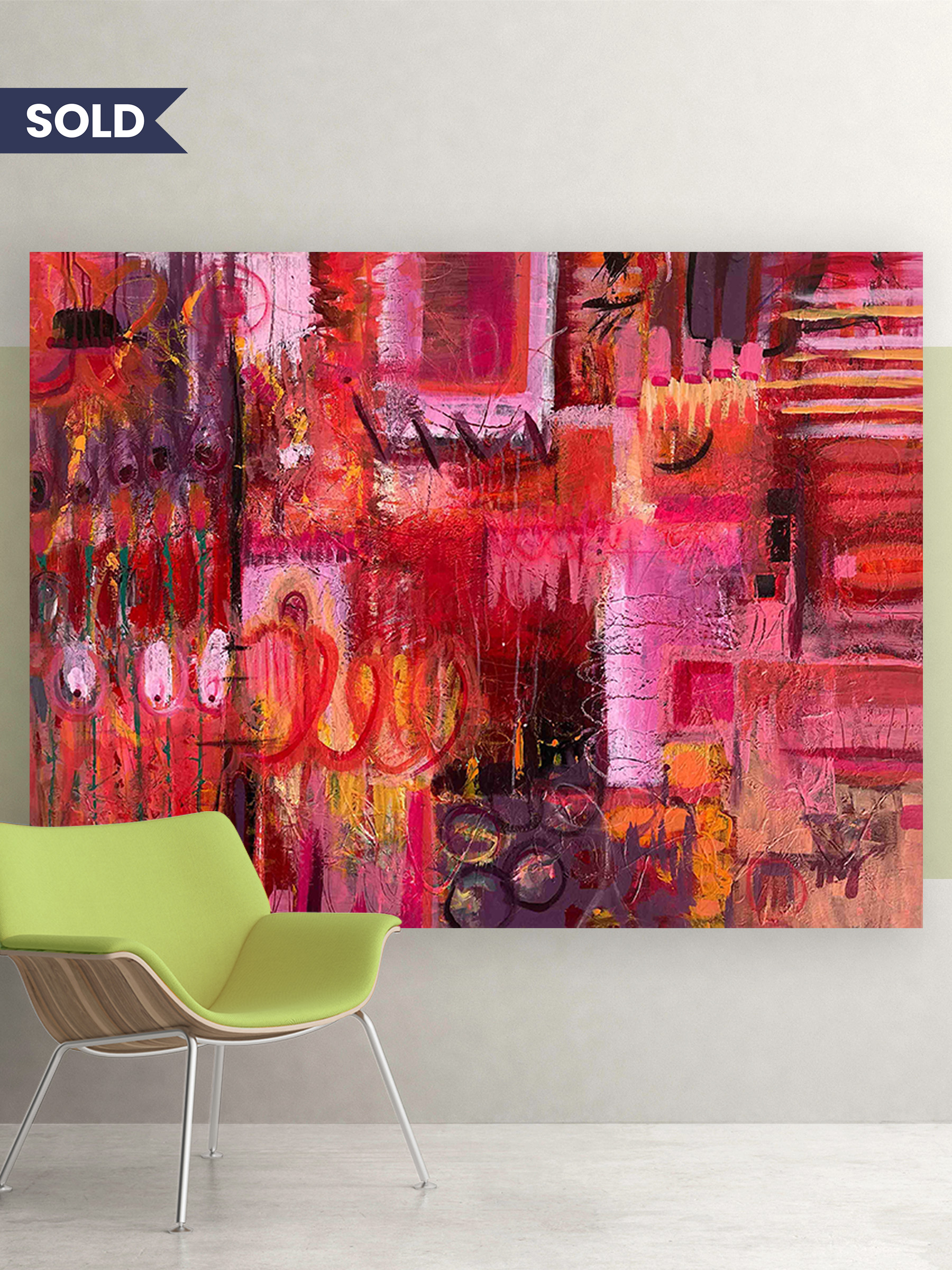 Behind the Flame, large-scale abstract painting by Lisa Marie Jones, featuring layered red, pink and ember tones in a contemporary interior setting