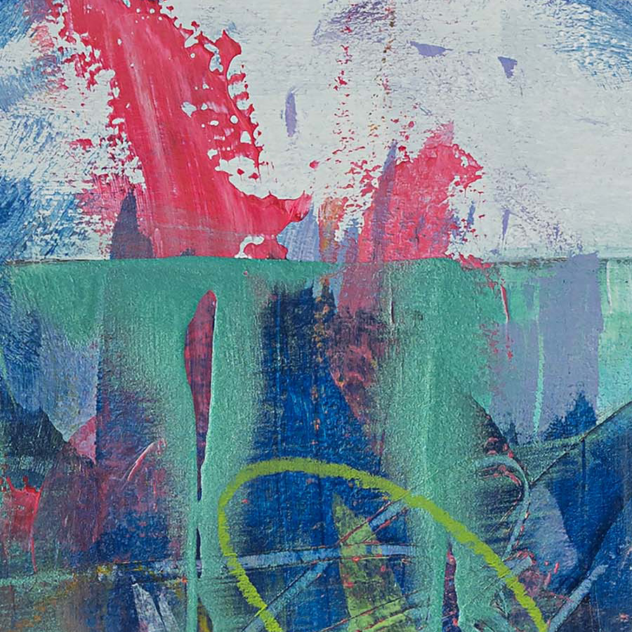 Detail of Beneath the Surface of Stillness showing layered blue and teal paint, textured brushwork, and expressive line