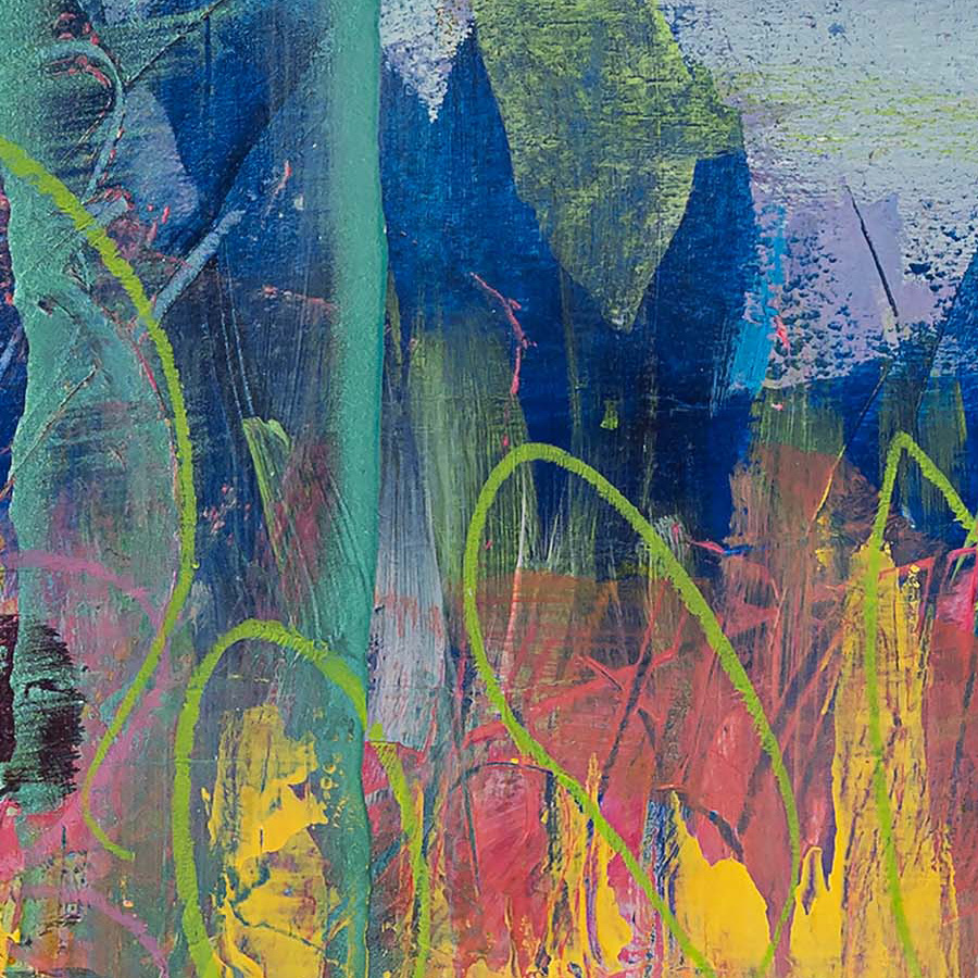 Close-up detail of Beneath the Surface of Stillness highlighting energetic marks, layered colour, and subtle surface texture