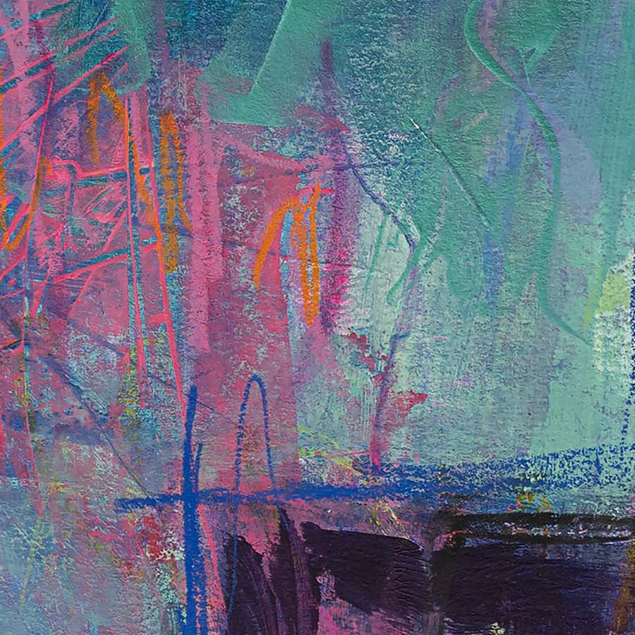 Abstract detail from Beneath the Surface of Stillness by Lisa Marie Jones, featuring gestural movement and layered colour fields