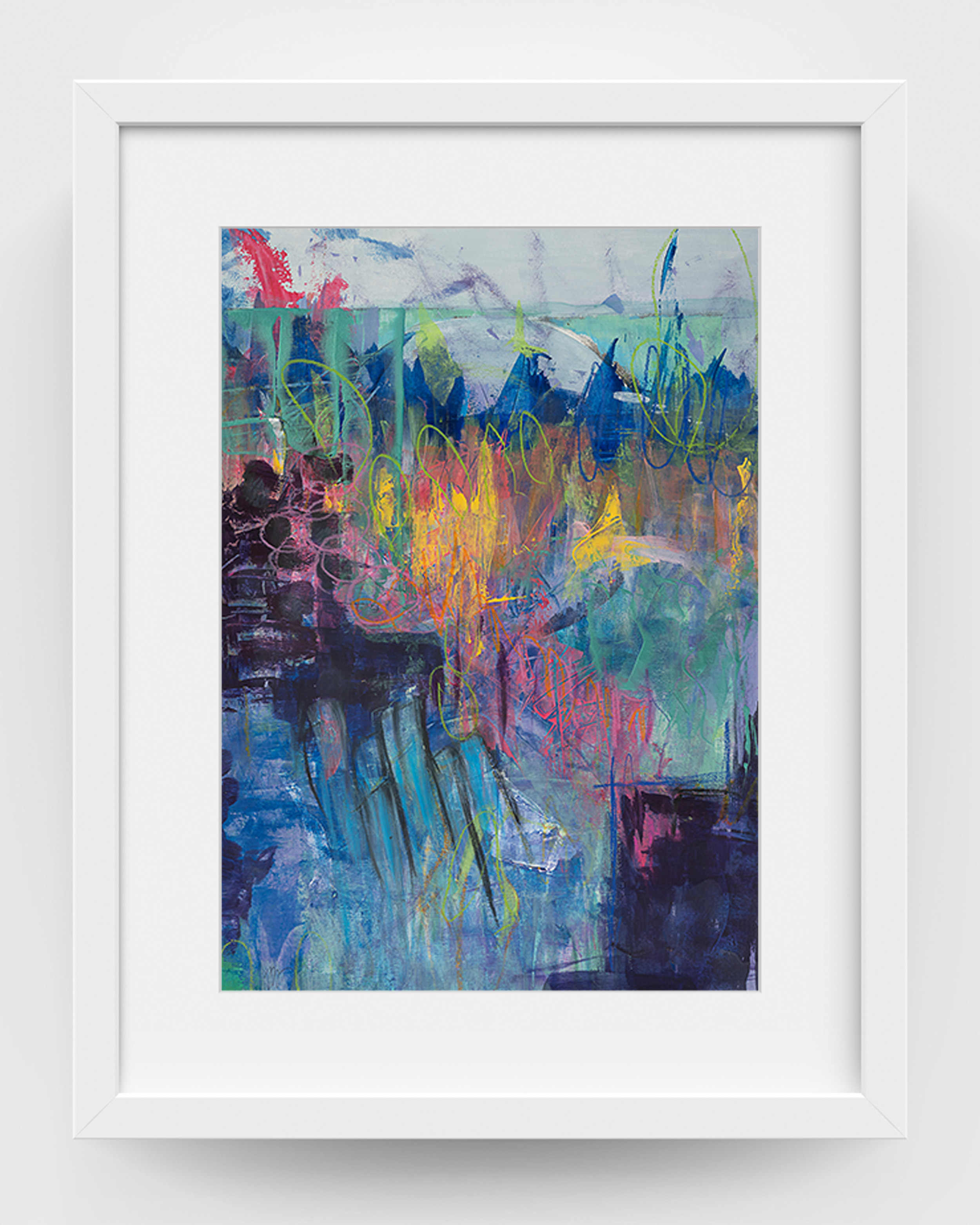 Beneath the Surface of Stillness by Lisa Marie Jones, contemporary abstract artwork with layered blue, teal, and green tones and gestural texture