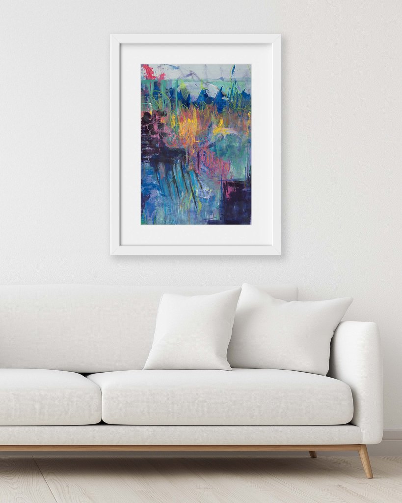 Beneath the Surface of Stillness by Lisa Marie Jones displayed in a contemporary interior above a neutral sofa