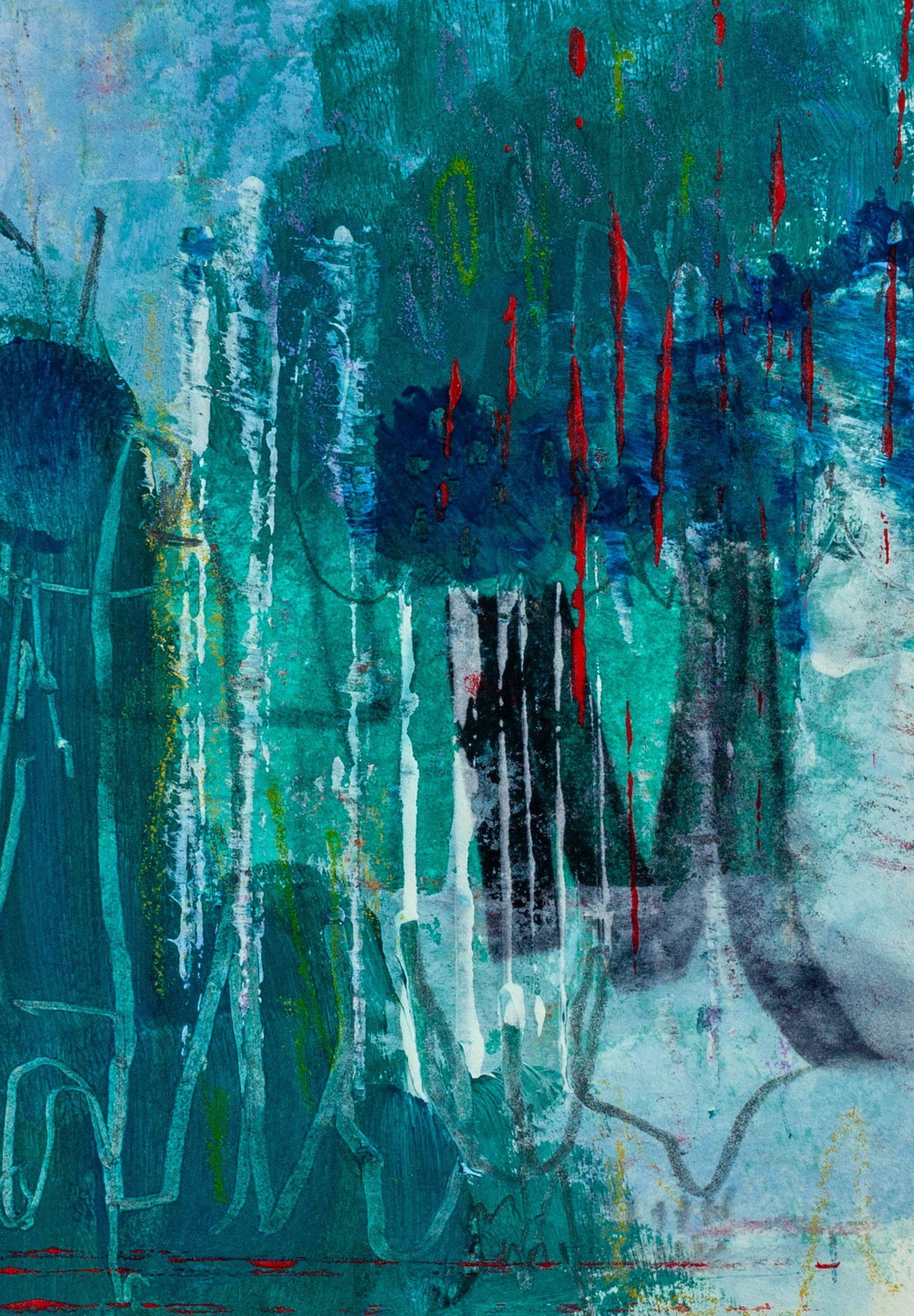 Abstract painting Forest of Spirit Breath by Lisa Jones featuring layered turquoise and indigo tones with vertical white and red marks suggesting a misted forest and spirit forms.