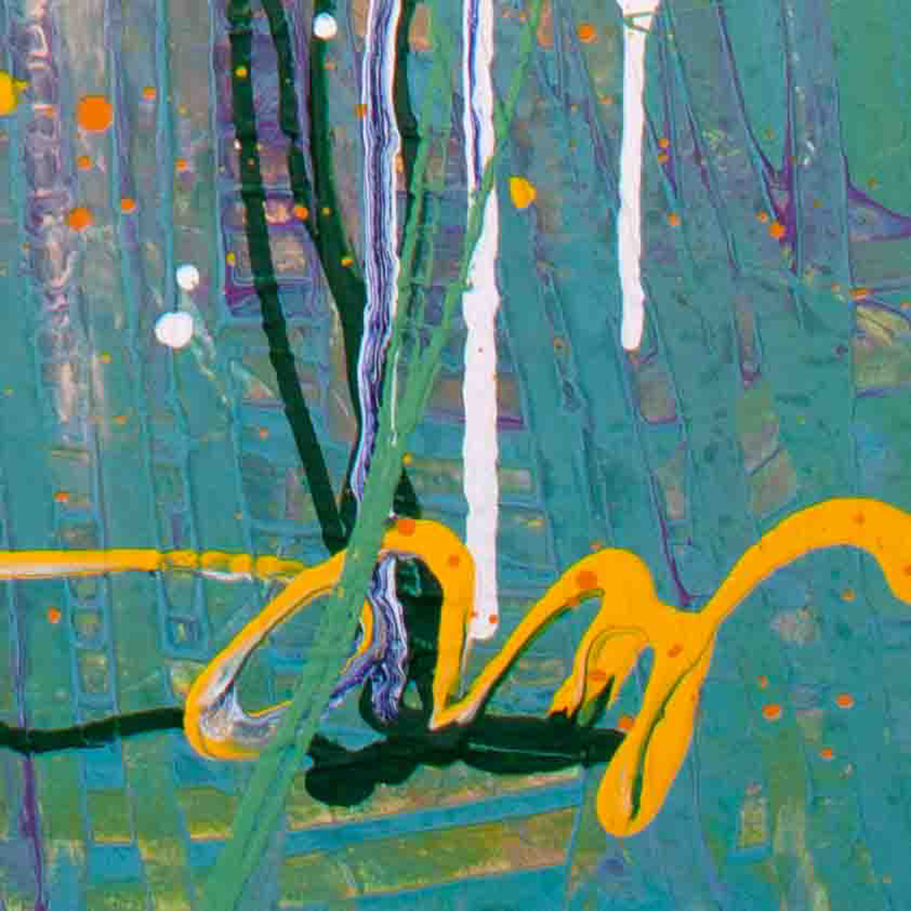 Textural close-up of Blue Dancing with Joy by Lisa Marie Jones highlighting intuitive mark-making and movement