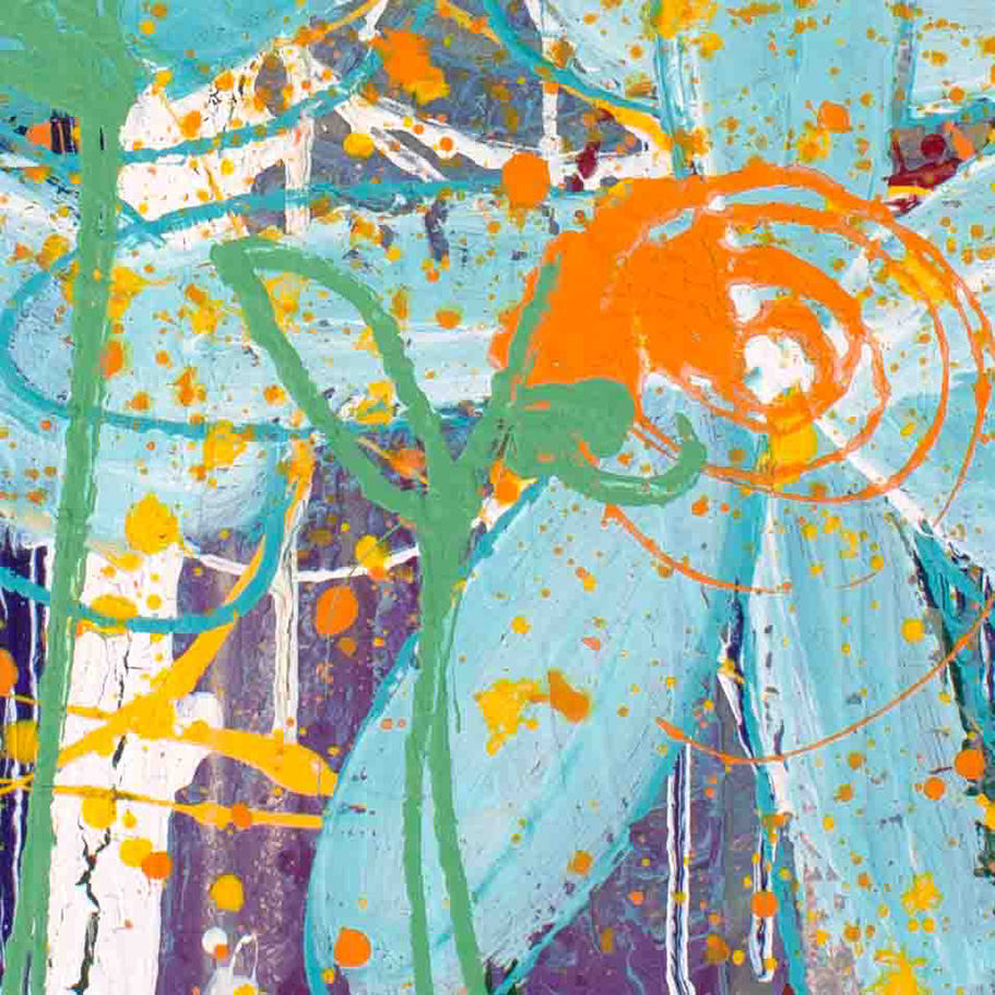 Close-up detail of Blue Dancing with Joy by Lisa Marie Jones showing expressive blue petals and energetic orange accents