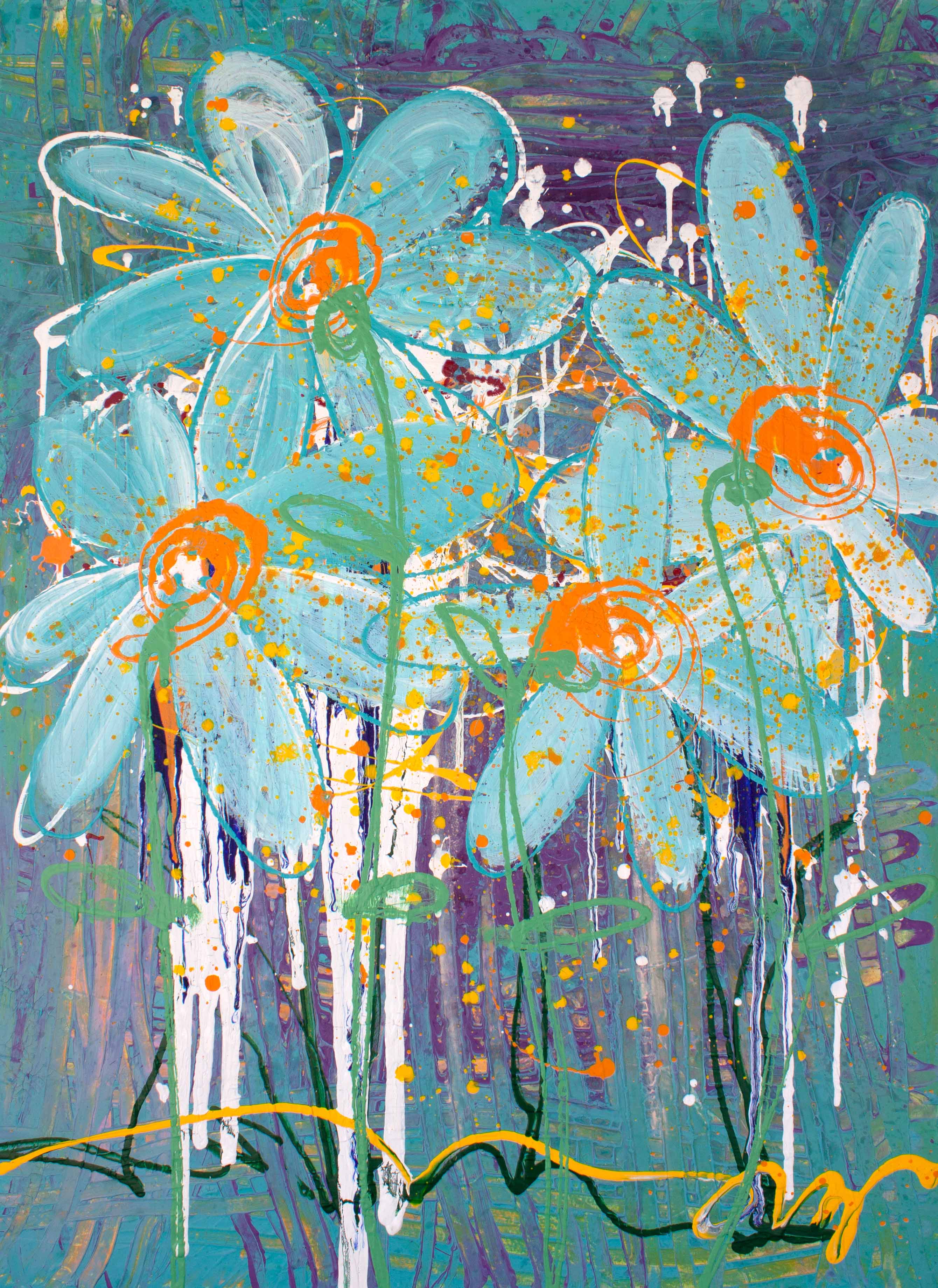 Full view of the abstract painting Blue Dancing with Joy by Lisa Marie Jones, featuring expressive blue florals and layered movement