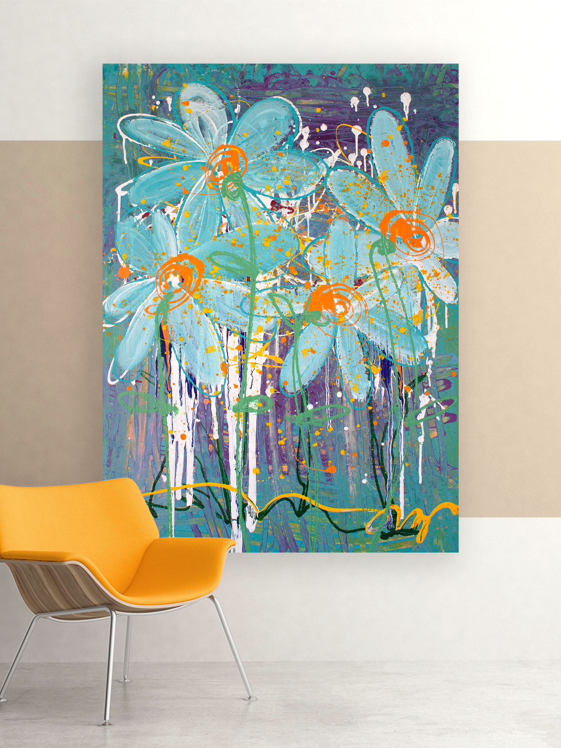 Large contemporary abstract painting Blue Dancing with Joy by Lisa Marie Jones, shown in a modern interior setting