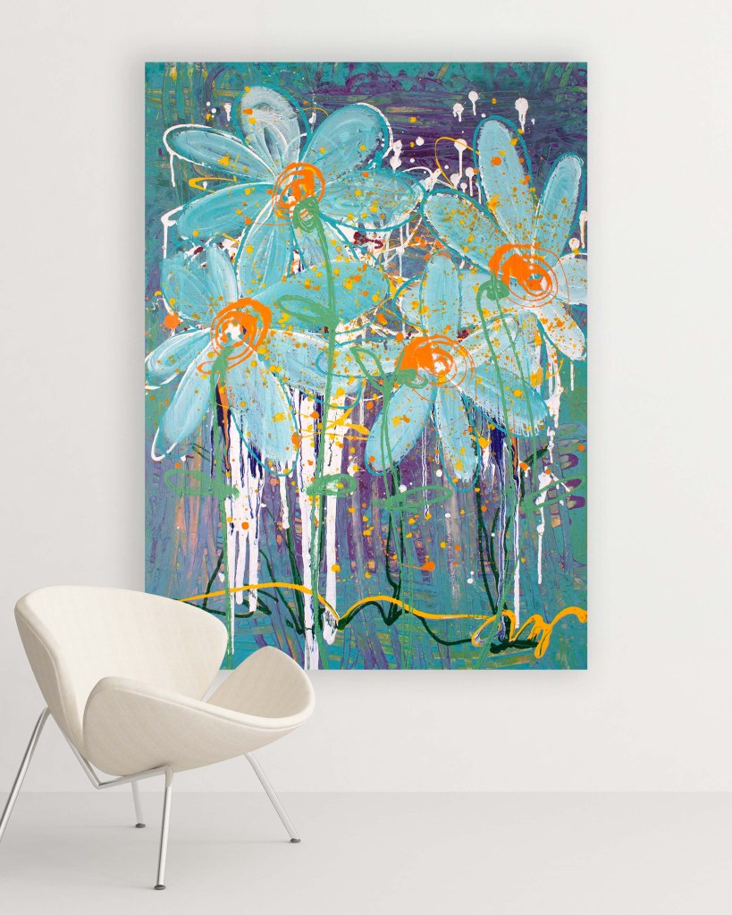 Blue Dancing with Joy by Lisa Marie Jones displayed in a contemporary space, highlighting scale and colour impact
