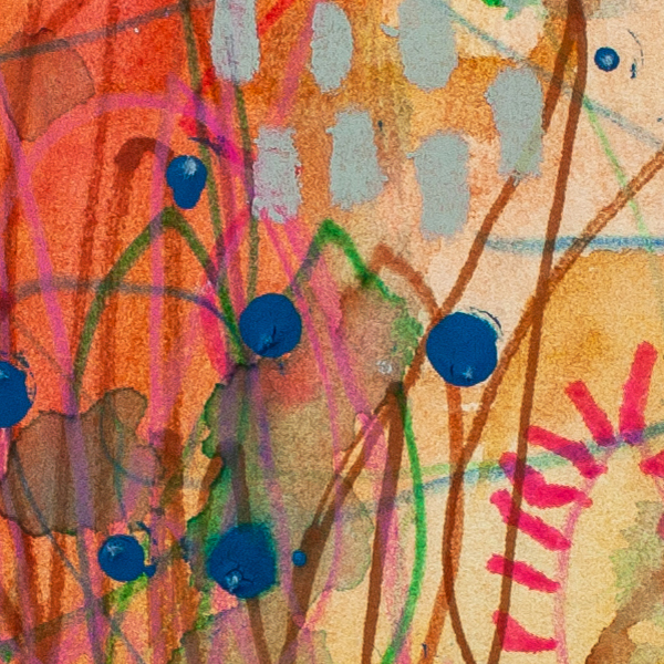 Textured detail of Cactus Chroma abstract painting highlighting layered marks, soft washes and tactile surfaces