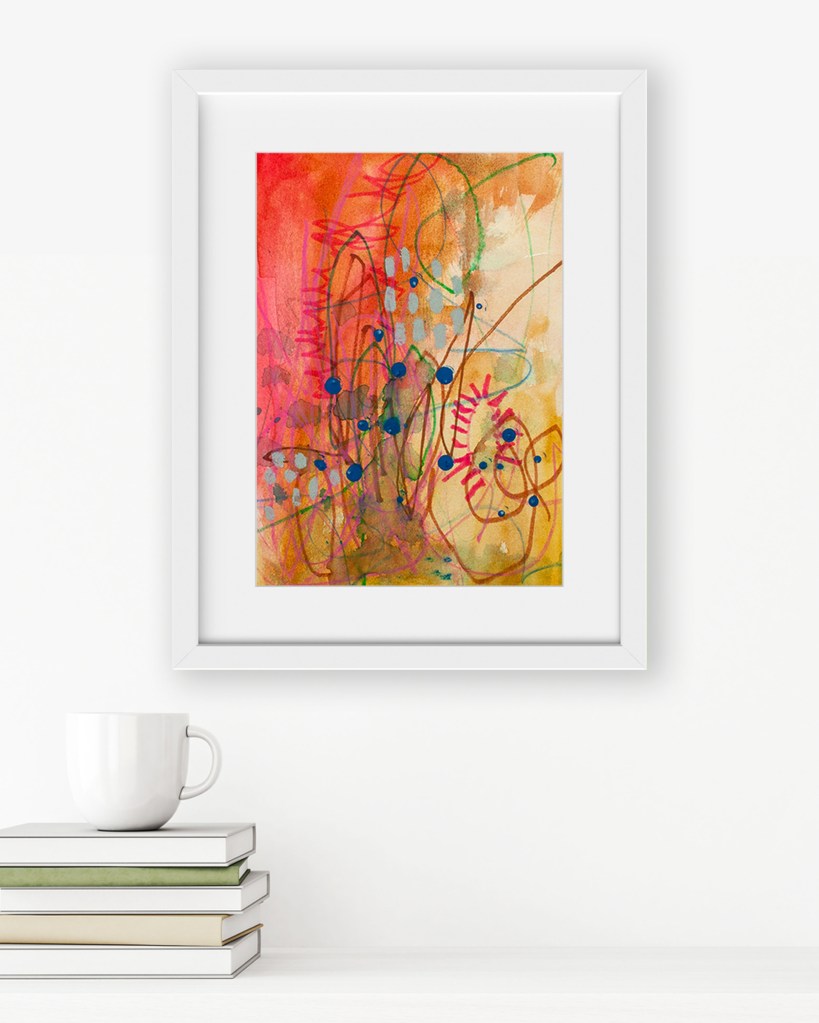 Cactus Chroma abstract artwork by Lisa Marie Jones displayed in a white frame in a bright, contemporary interior