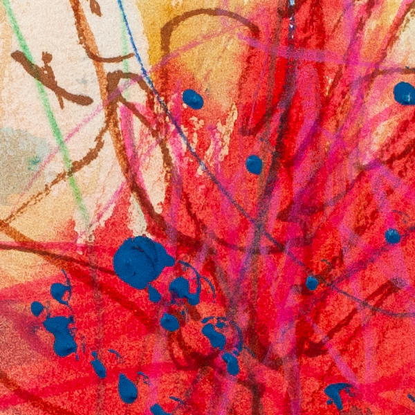 Close-up detail of Desert Bloom abstract artwork showing energetic red and pink line work with blue dotted accents