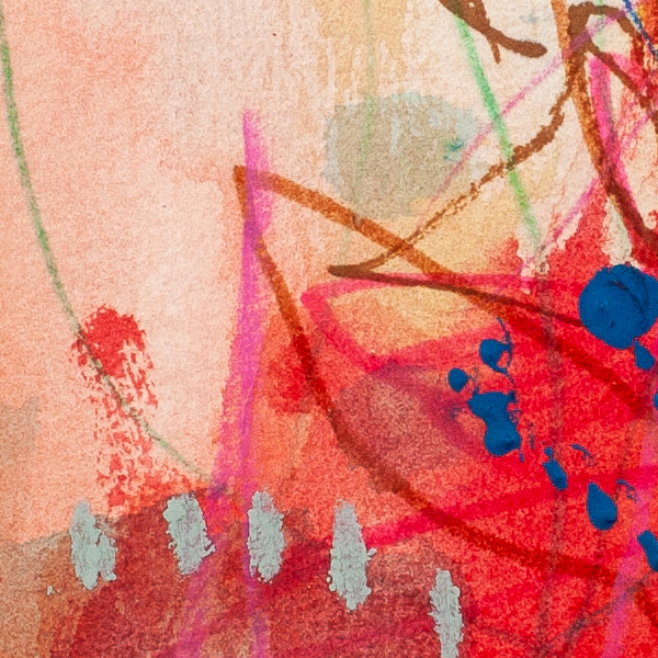 Textured detail of Desert Bloom abstract painting highlighting layered marks, warm desert colours and organic movement