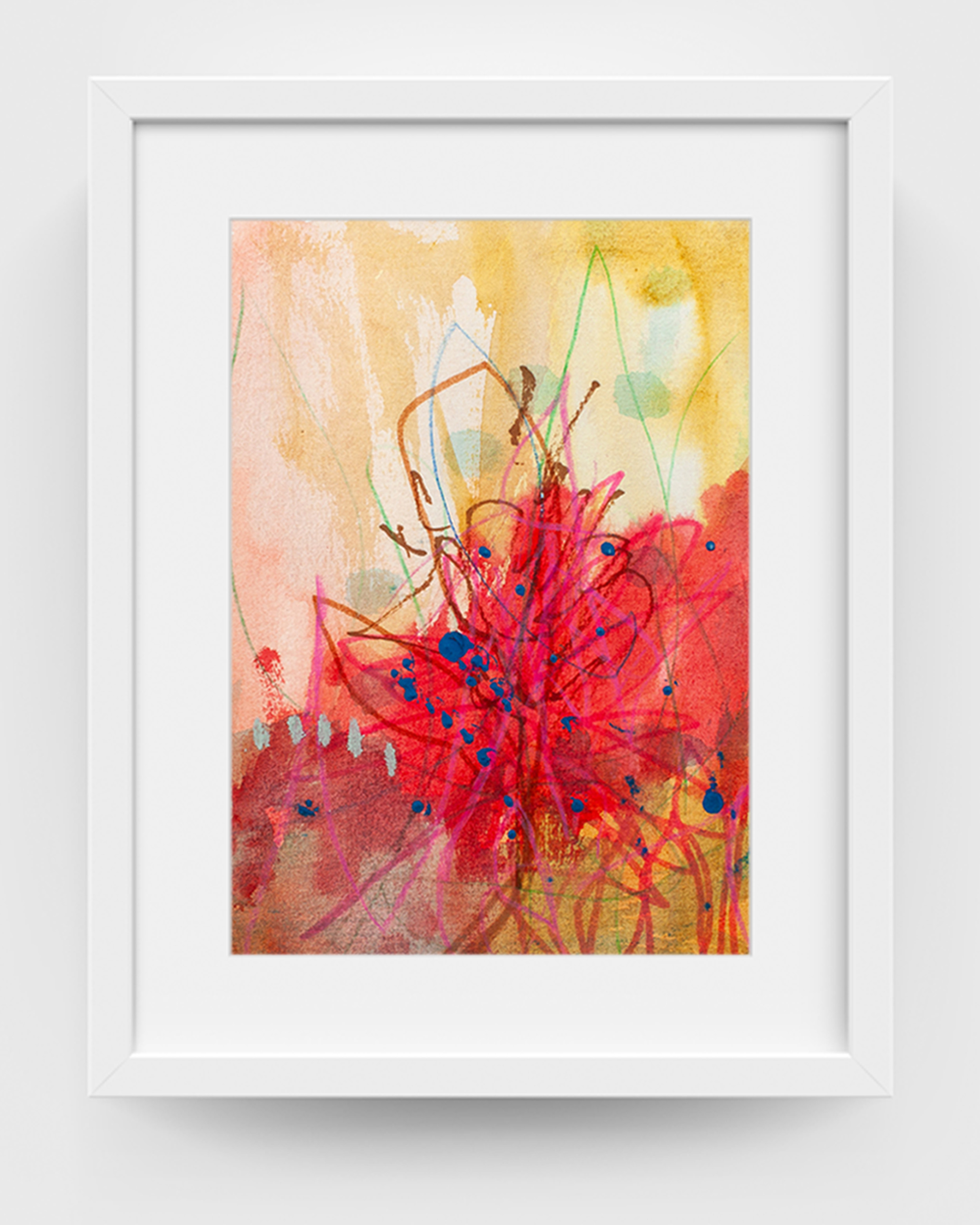 Desert Bloom abstract floral artwork by Lisa Marie Jones displayed in a white frame in a light, contemporary interior