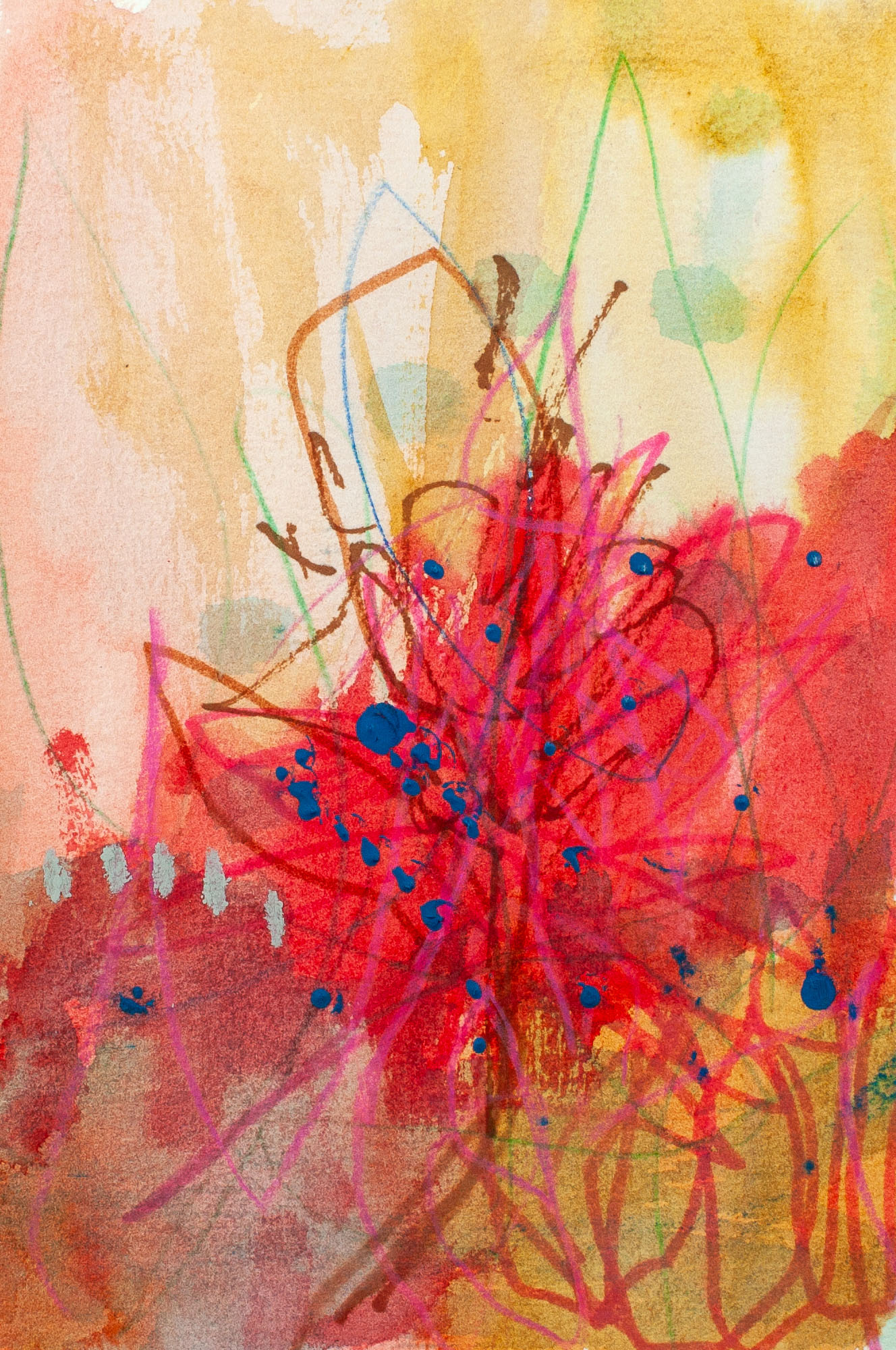 Abstract floral artwork titled Desert Bloom featuring expressive red, pink and yellow tones inspired by a flower blooming in the desert