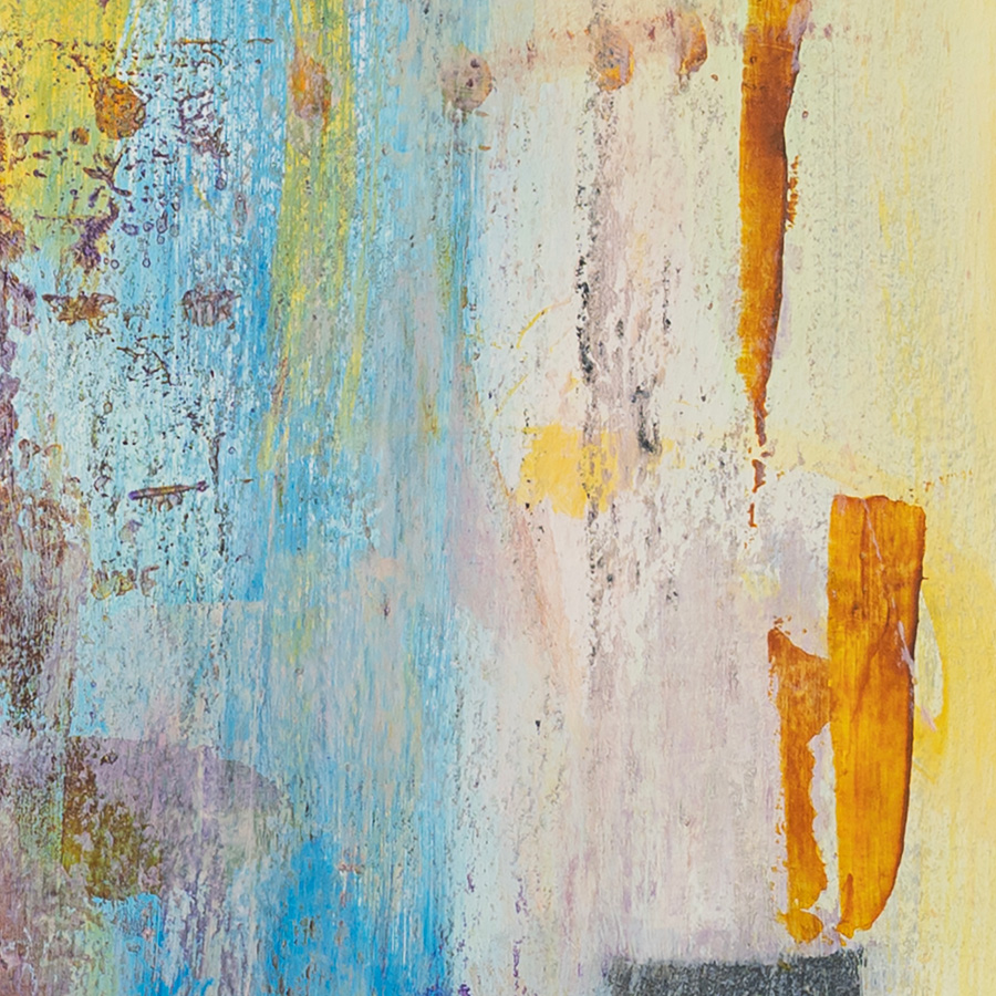 Detail of layered textures and expressive marks in When the City Breathes by Lisa Marie Jones