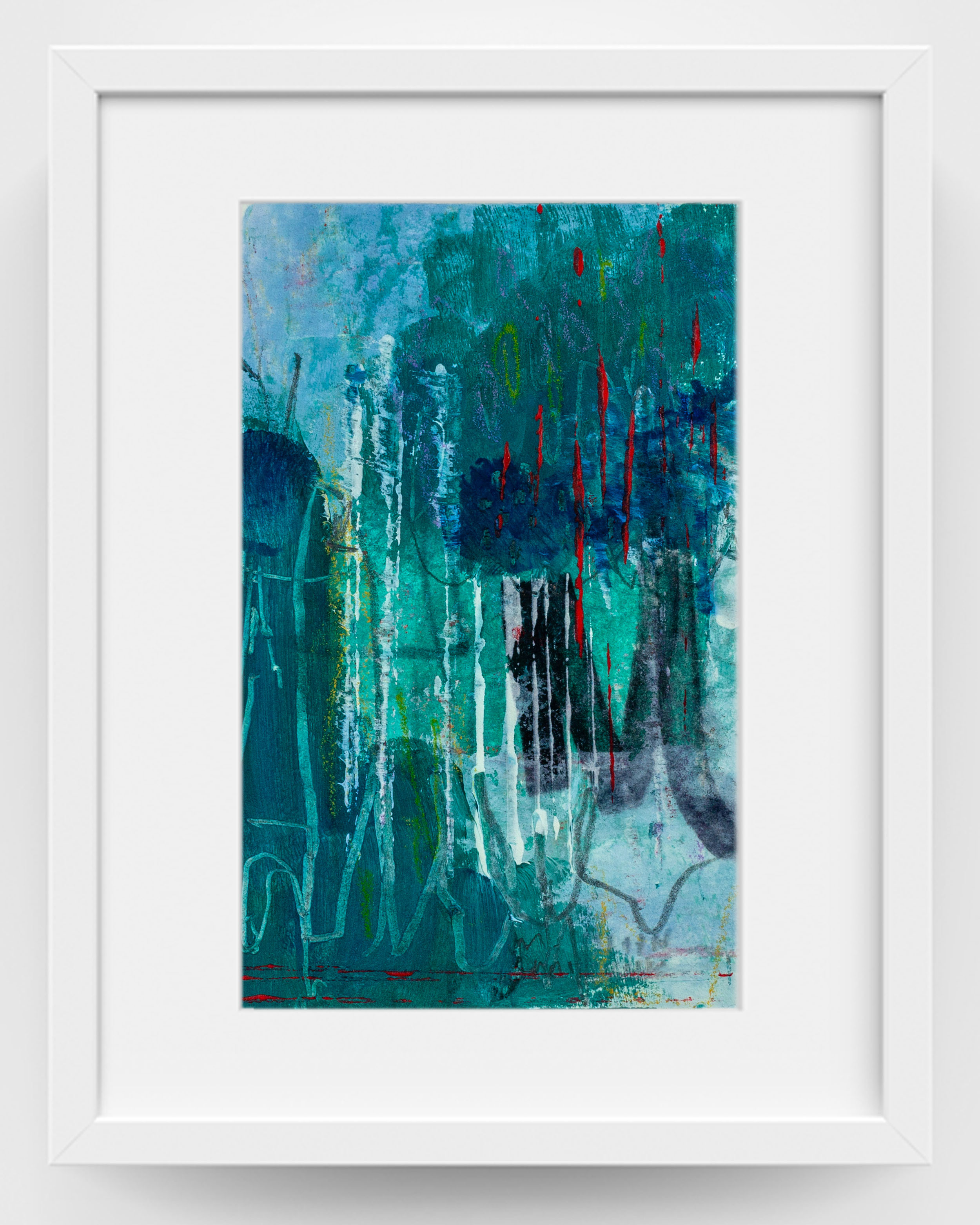 Abstract artwork Forest of Spirit Breath by Lisa Jones shown framed on a white wall, inviting quiet reflection and connection to the natural world.