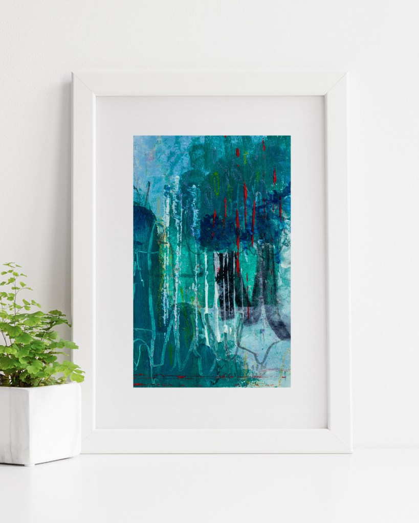 Forest of Spirit Breath abstract painting by Lisa Jones displayed in a minimalist interior, creating a calm, contemplative atmosphere inspired by nature.