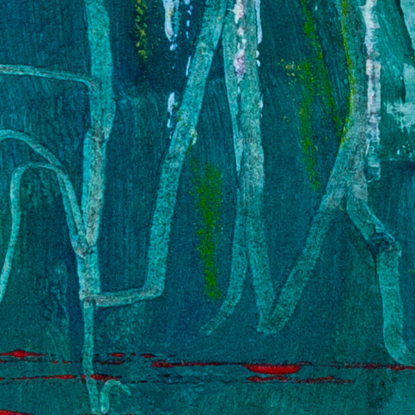 Abstract detail from Forest of Spirit Breath highlighting vertical white and dark marks that evoke tree trunks or spirit threads within a misted forest.
