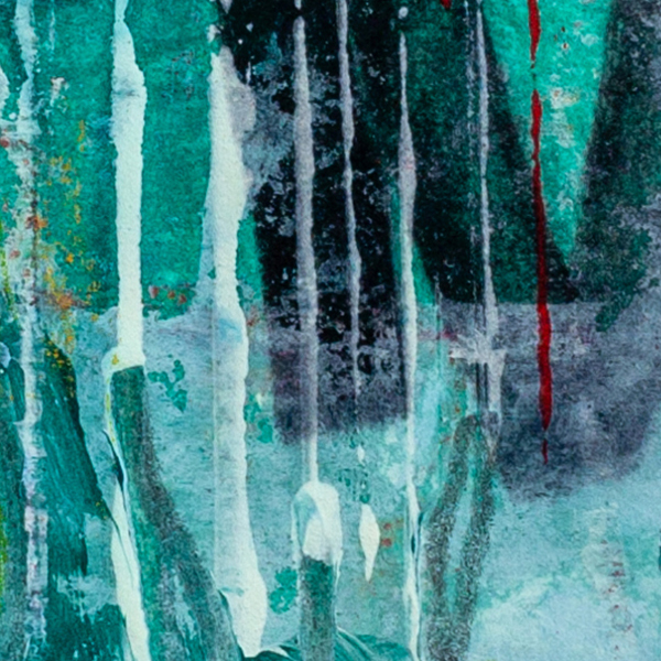 Detail of Forest of Spirit Breath showing layered blue-green tones with organic line work and earthy textures near the base of the composition.