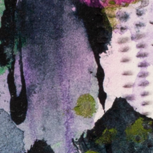 Detail of abstract artwork Gathering showing translucent layers, dotted textures and gentle gestural lines in green and violet tones.