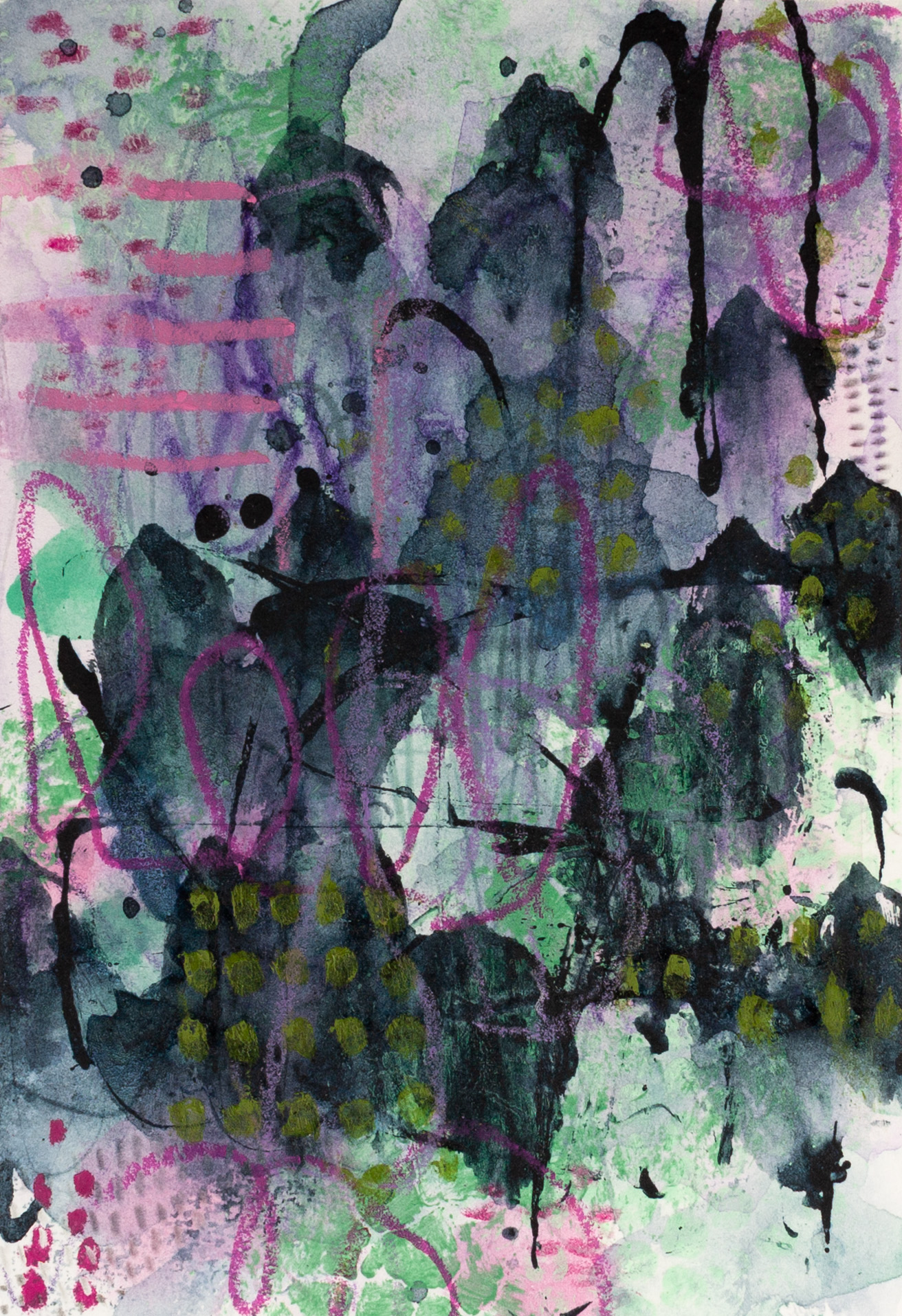 Abstract painting titled Gathering by Lisa Jones, featuring layered greens, purples and soft pinks with organic marks that suggest quiet convergence and presence.