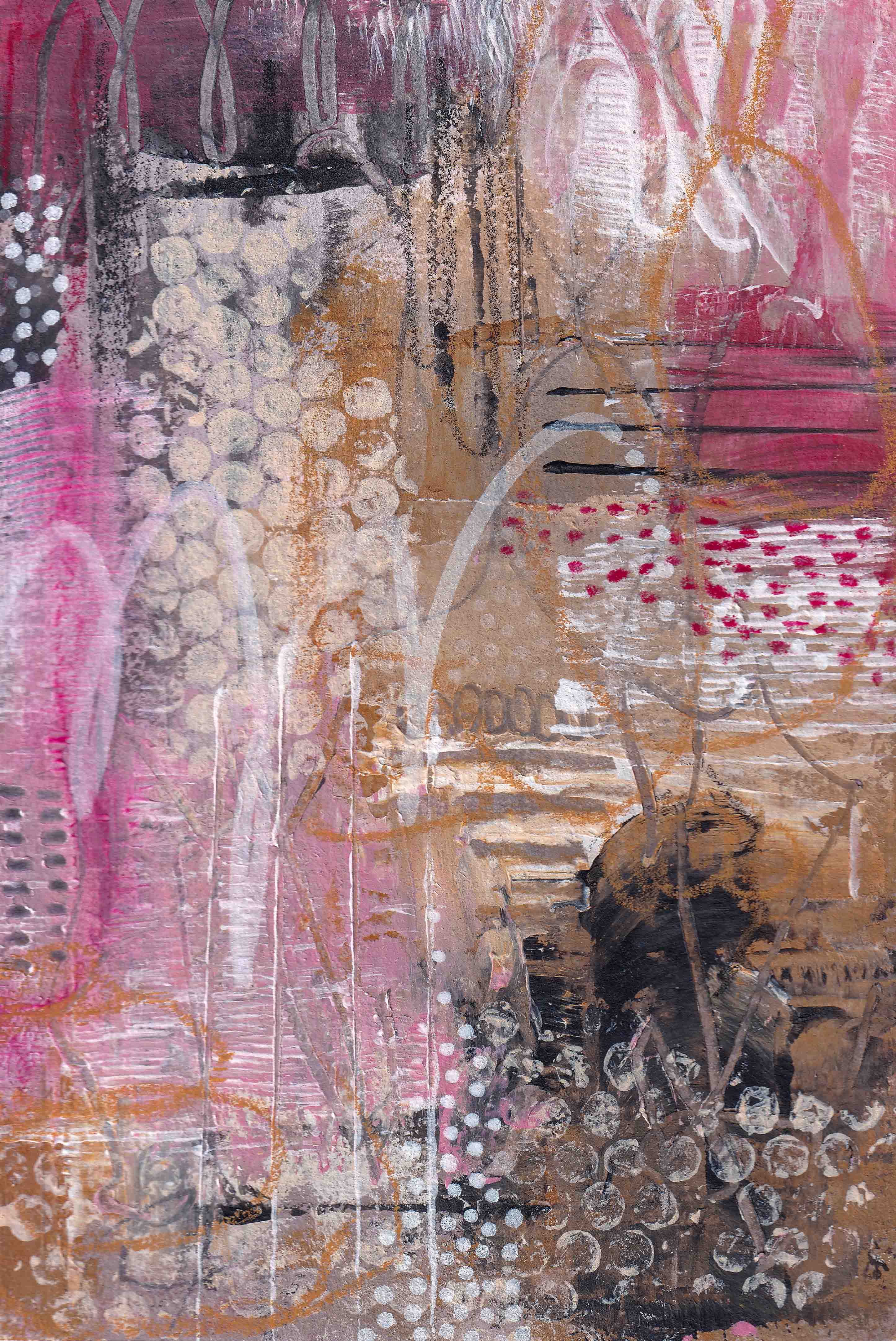 Abstract mixed media artwork I See You Too by Lisa Marie Jones, featuring layered pinks, warm earth tones, soft whites and charcoal marks, expressing reciprocal presence and quiet recognition.