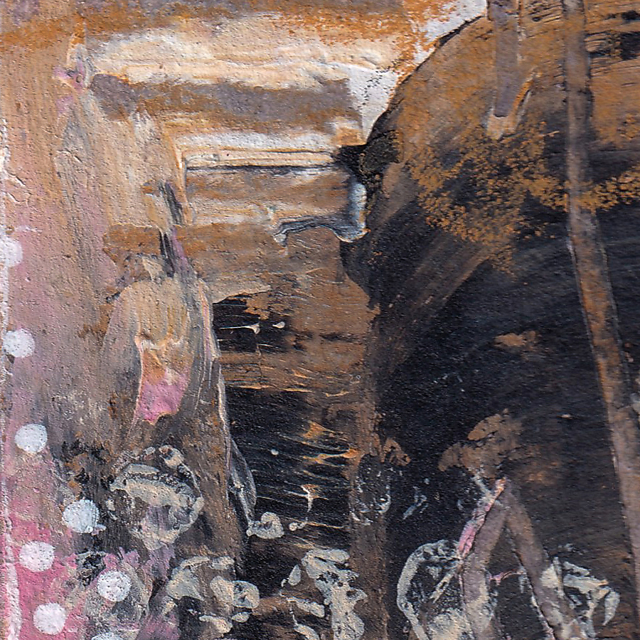 Detail from I See You Too by Lisa Marie Jones highlighting grounded darker forms layered beneath translucent colour, suggesting depth, listening, and shared stillness.