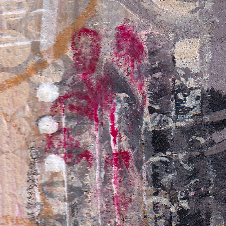 Close-up detail of In Good Company showing layered textures, dotted motifs and expressive brushwork in pink, grey and earthy tones.