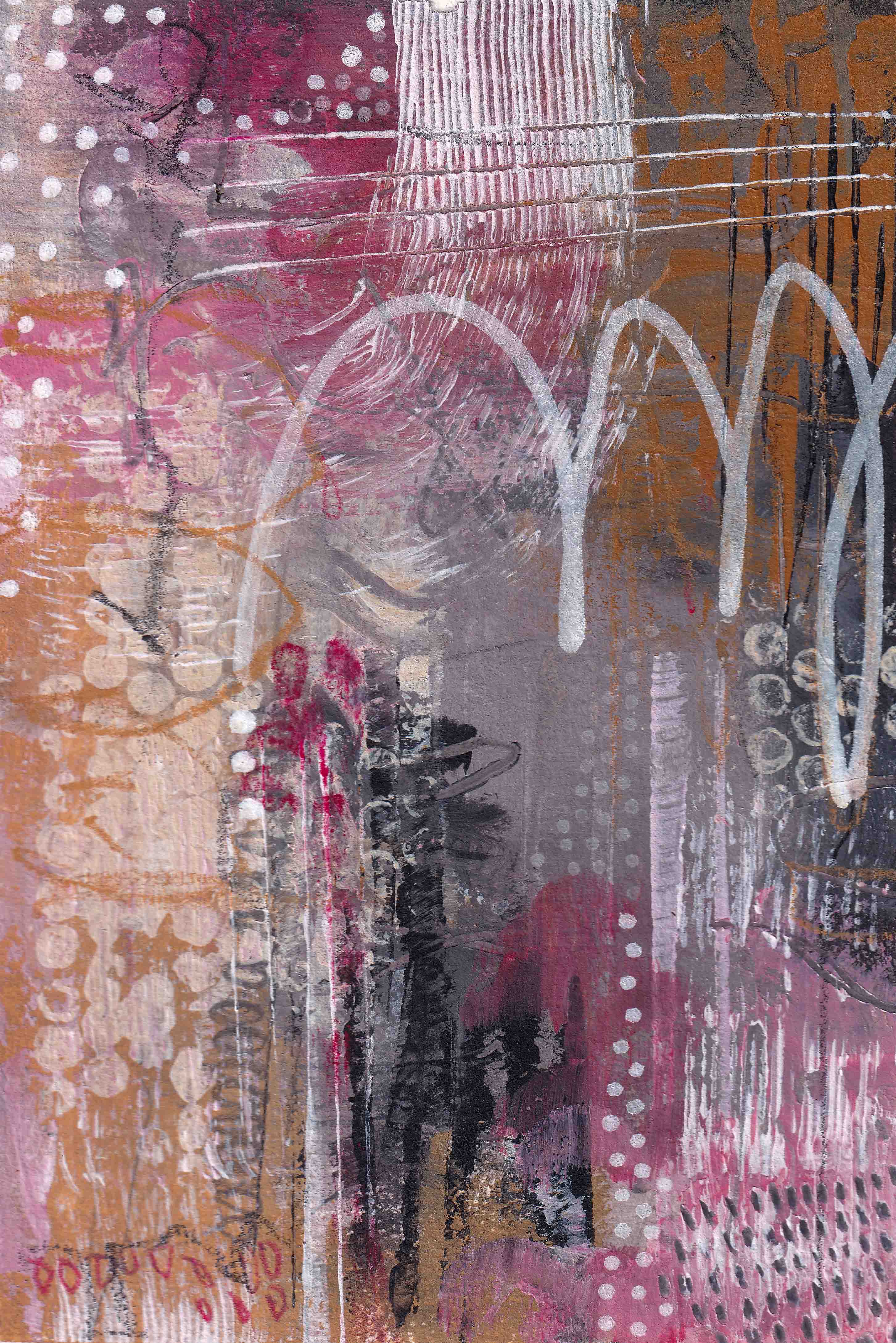 Abstract artwork In Good Company by Lisa Marie Jones featuring layered pinks, earthy ochres, soft greys and rhythmic mark making with a sense of shared presence.