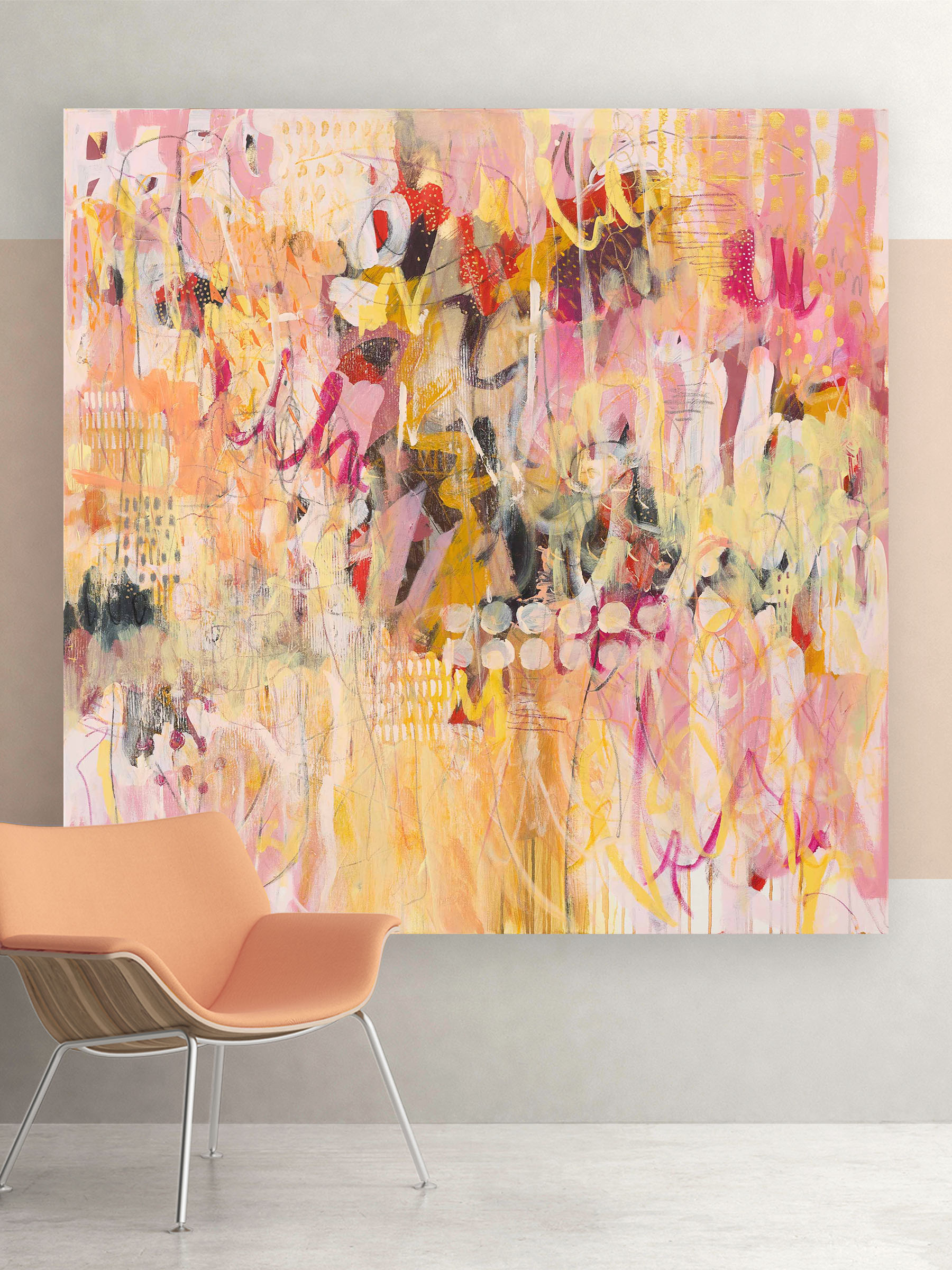 In the Mood for Pink, large abstract painting by Lisa Marie Jones with vibrant pink tones, movement, and gestural contemporary abstraction