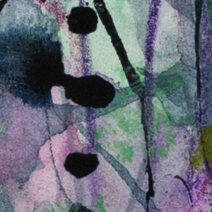 Detail of an abstract painting by Lisa Jones showing layered green and violet textures with flowing organic lines.