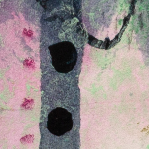 Close-up detail of an abstract artwork featuring soft pink washes, earthy greens and intuitive mark making.