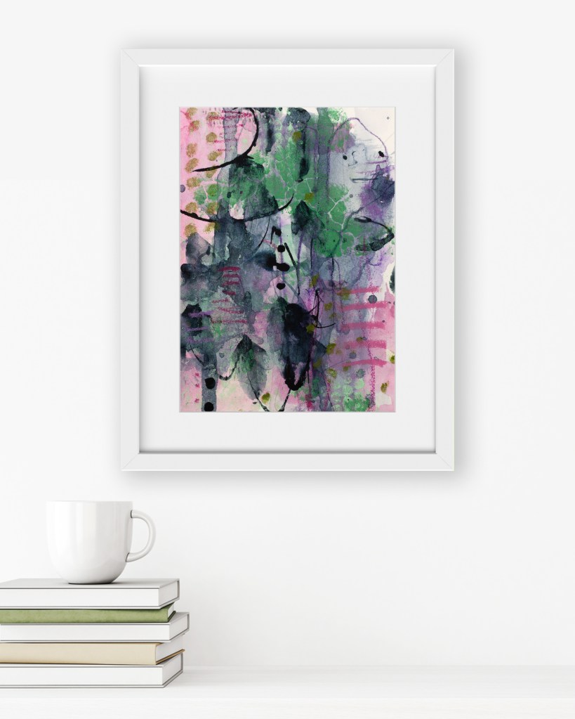 Abstract artwork by Lisa Jones displayed in a white frame, adding a calm, nature-inspired presence to a modern interior.