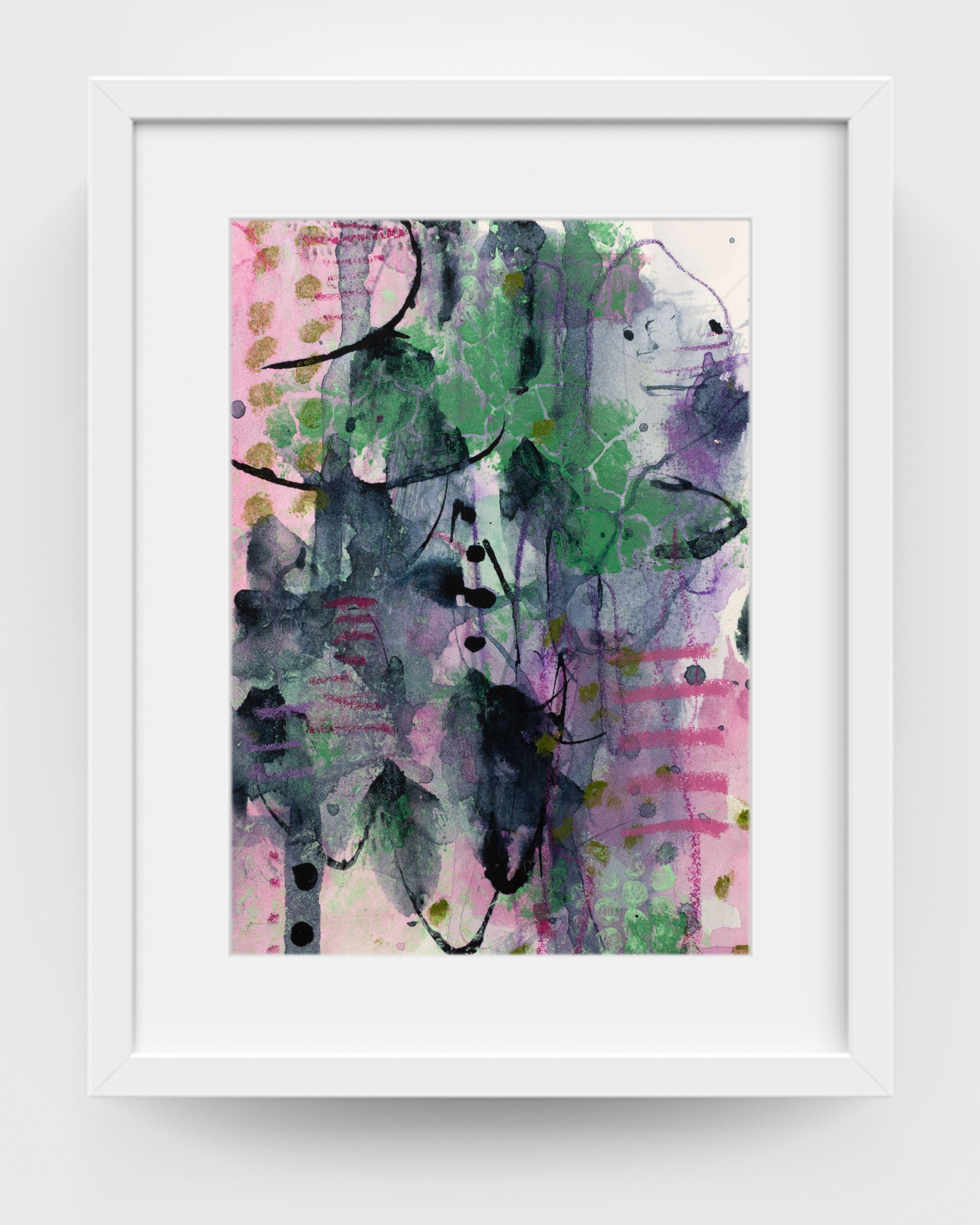 Framed abstract artwork by Lisa Jones showing soft green and pink layers with expressive black marks inspired by the natural world.