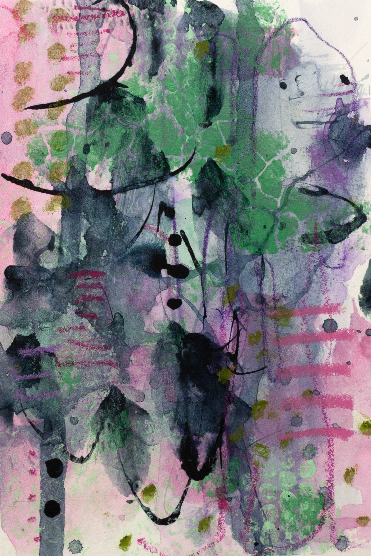 abstract artwork by Lisa Marie Jones showing soft green and pink layers with expressive black marks inspired by the natural world.