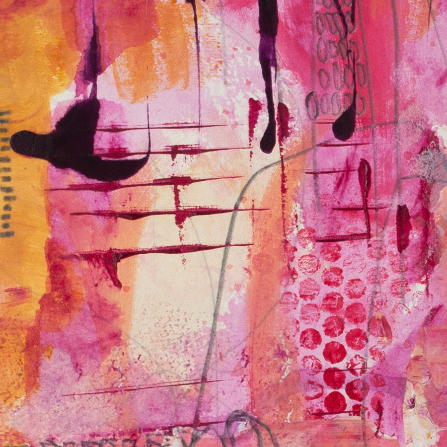 Detail of Last Cherry Light showing layered brushwork, drips, and expressive linear marks in pink and crimson tones.