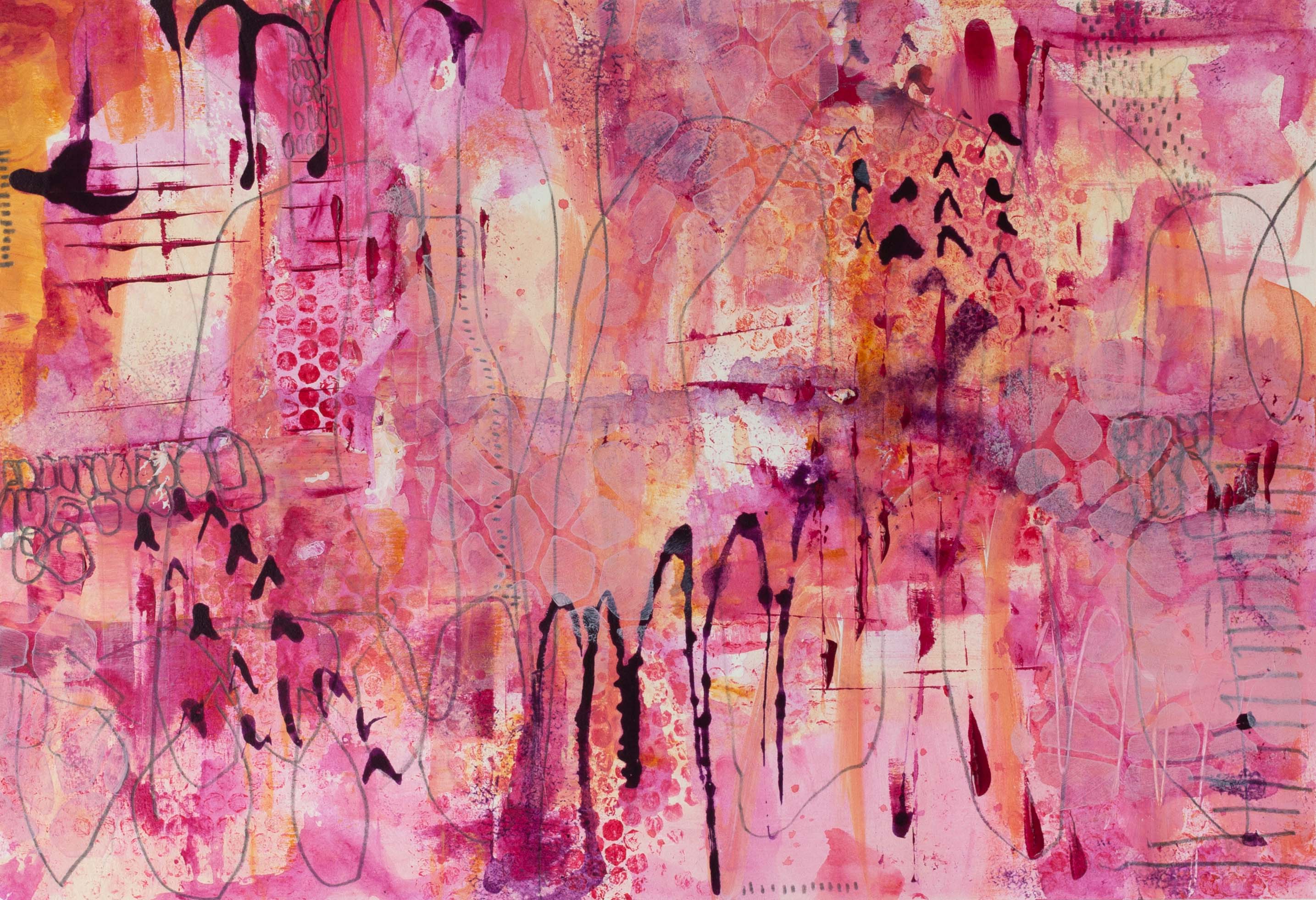 Last Cherry Light, a contemporary abstract artwork by Lisa Marie Jones featuring layered pink, cherry red and warm sunset tones.