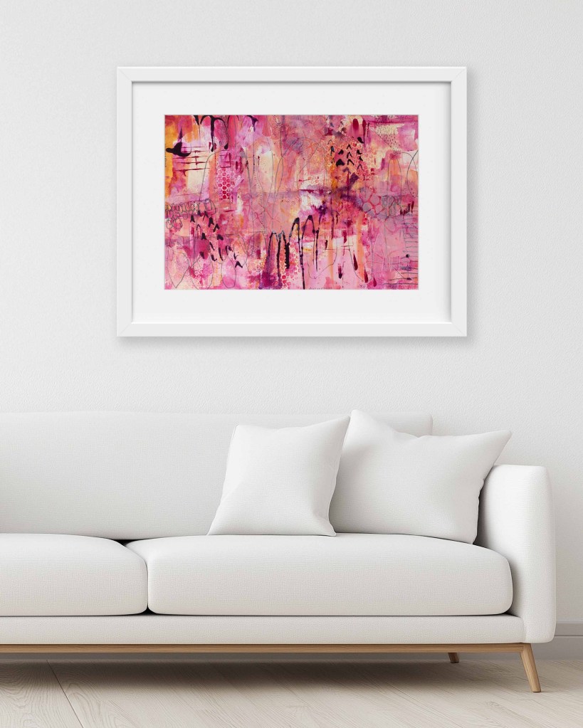 Last Cherry Light contemporary abstract artwork styled in a modern interior to illustrate scale and placement.