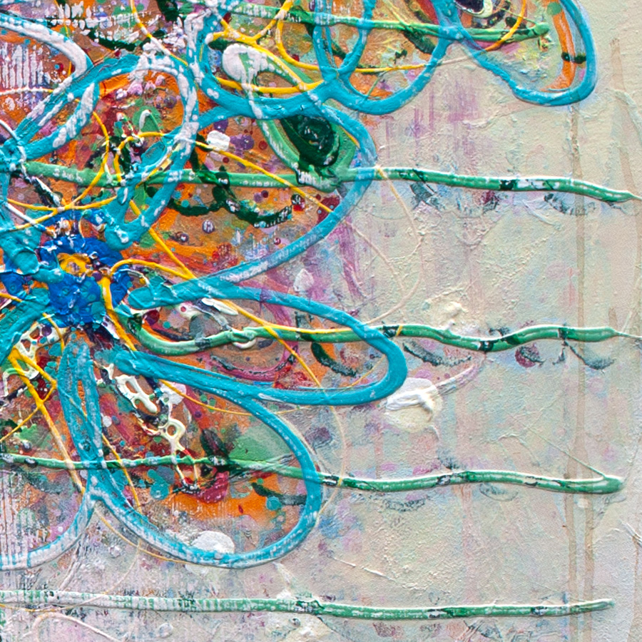 Detail of luminous colour, line, and movement in Light Gathered in Bloom by Lisa Marie Jones