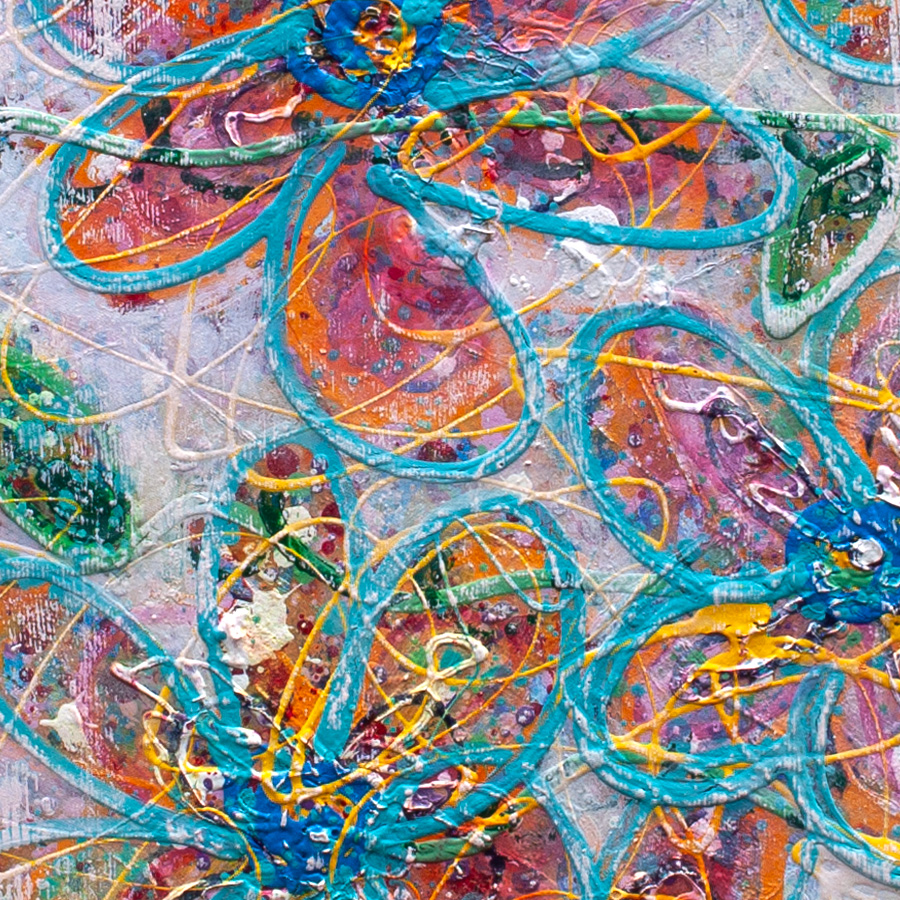 Close-up detail of floral forms and layered colour in Light Gathered in Bloom by Lisa Marie Jones