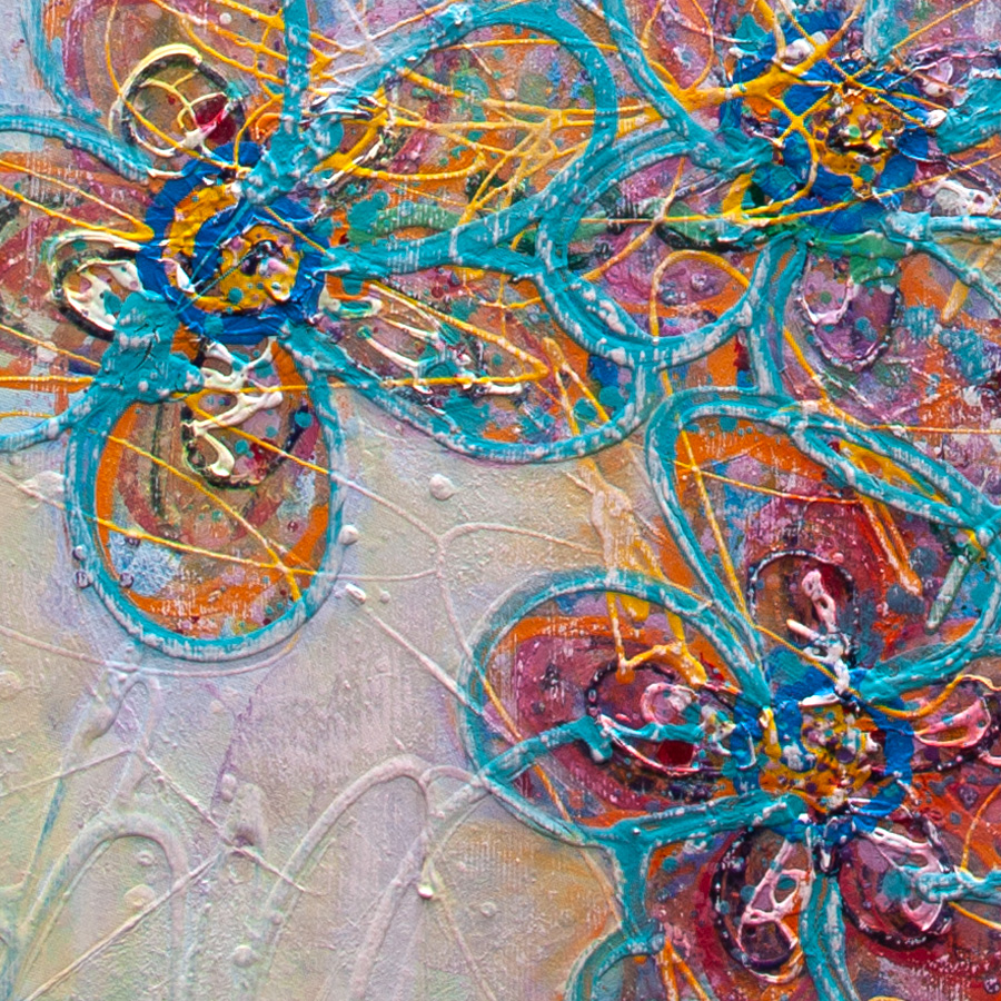 Textural detail showing layered paint and mark-making in Light Gathered in Bloom, an abstract artwork by Lisa Marie Jones